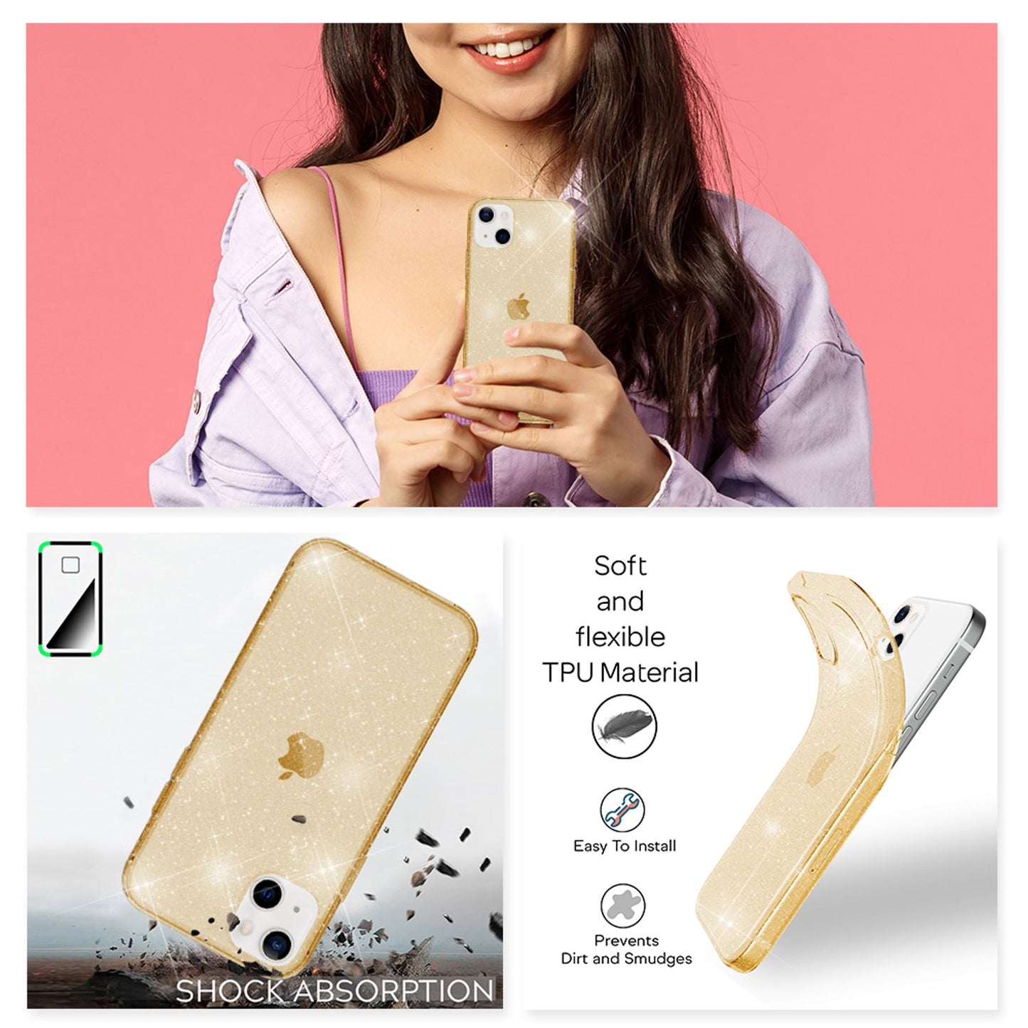 NALIA glitrandi hulstur fyrir iPhone 13 Mini, gegnsætt glitrandi símahulstur