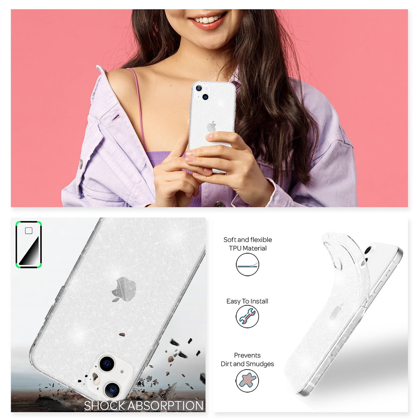 NALIA Glitrandi hulstur fyrir iPhone 13, gegnsætt glitrandi símahulstur með stuðara