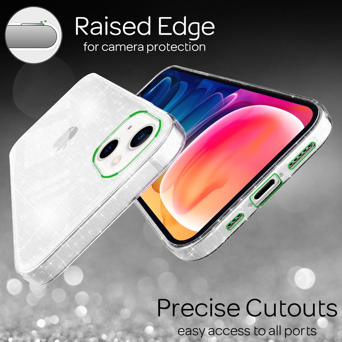 NALIA Glitrandi hulstur fyrir iPhone 13, gegnsætt glitrandi símahulstur með stuðara