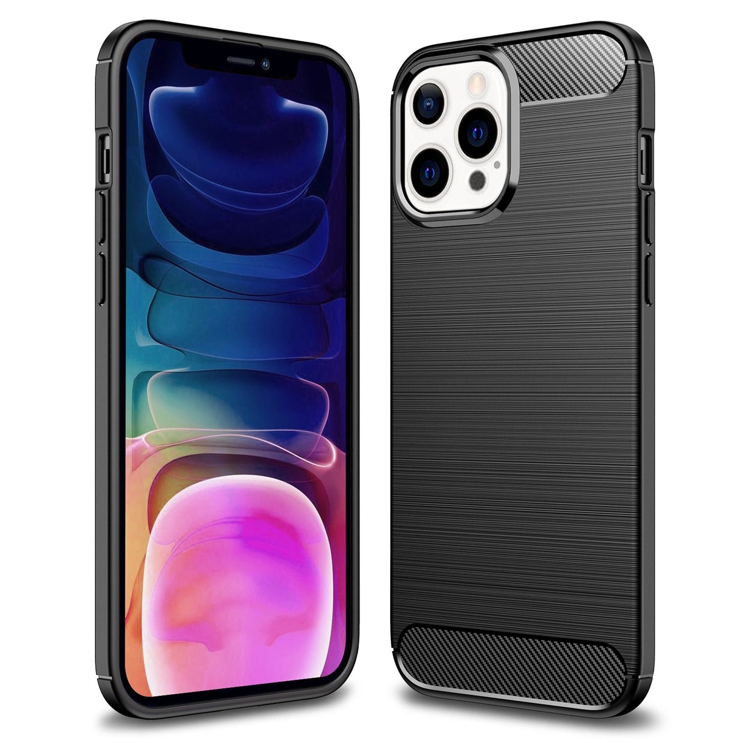 NALIA Carbon Look hulstur fyrir iPhone 13 Pro Max, svart sílikon hulstur með stuðara