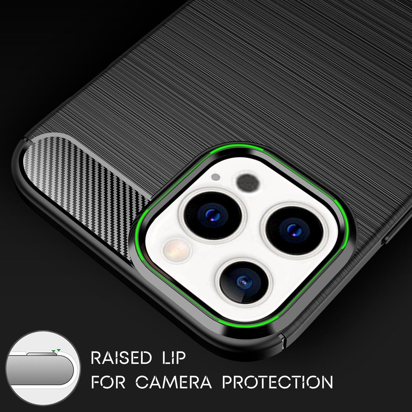 NALIA Carbon Look hulstur fyrir iPhone 13 Pro Max, svart sílikon hulstur með stuðara