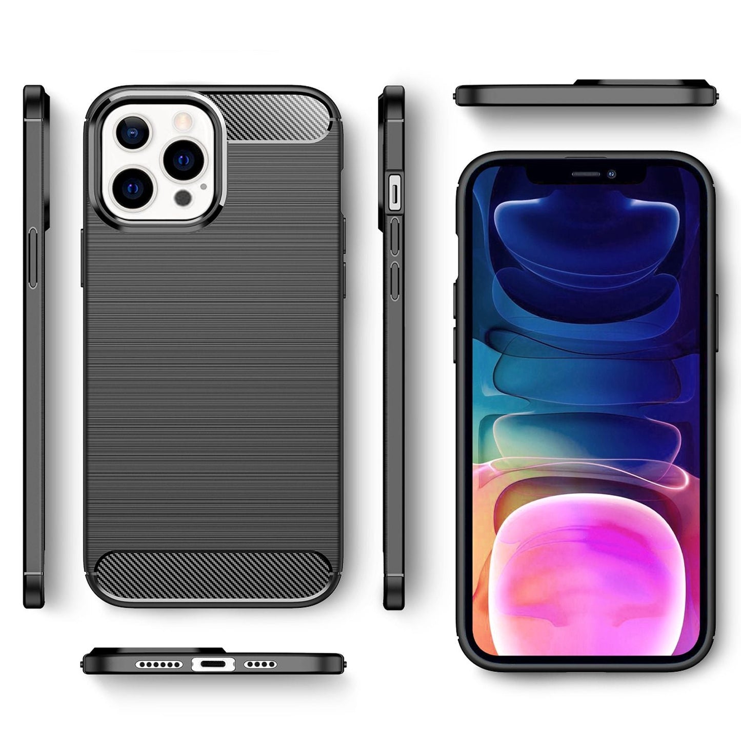 NALIA Carbon Look hulstur fyrir iPhone 13 Pro Max, svart sílikon hulstur með stuðara