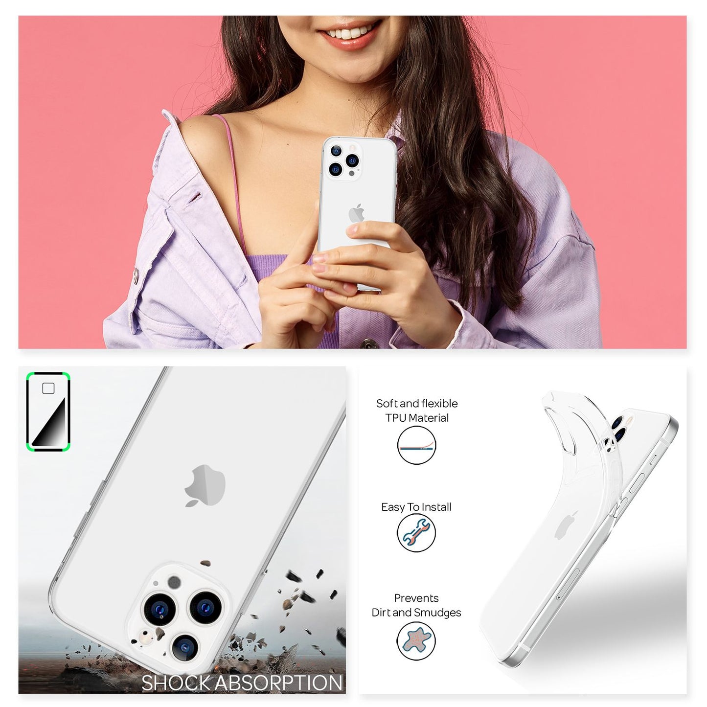 NALIA gegnsætt sílikon símahulstur fyrir iPhone 13 Pro, gegnsætt hulstur með stuðara