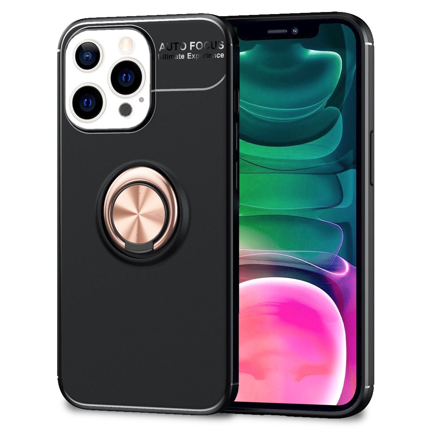 NALIA Black Phone Case for iPhone 13 Pro, 360° Ring Case Kickstand Cover