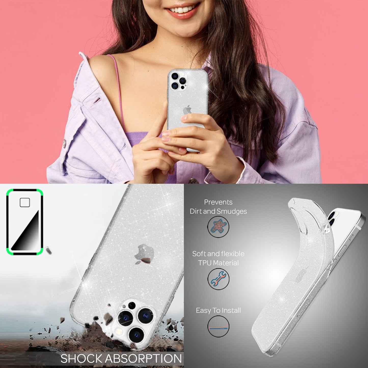 NALIA Glitrandi hulstur fyrir iPhone 13 Pro, gegnsætt glitrandi símahulstur