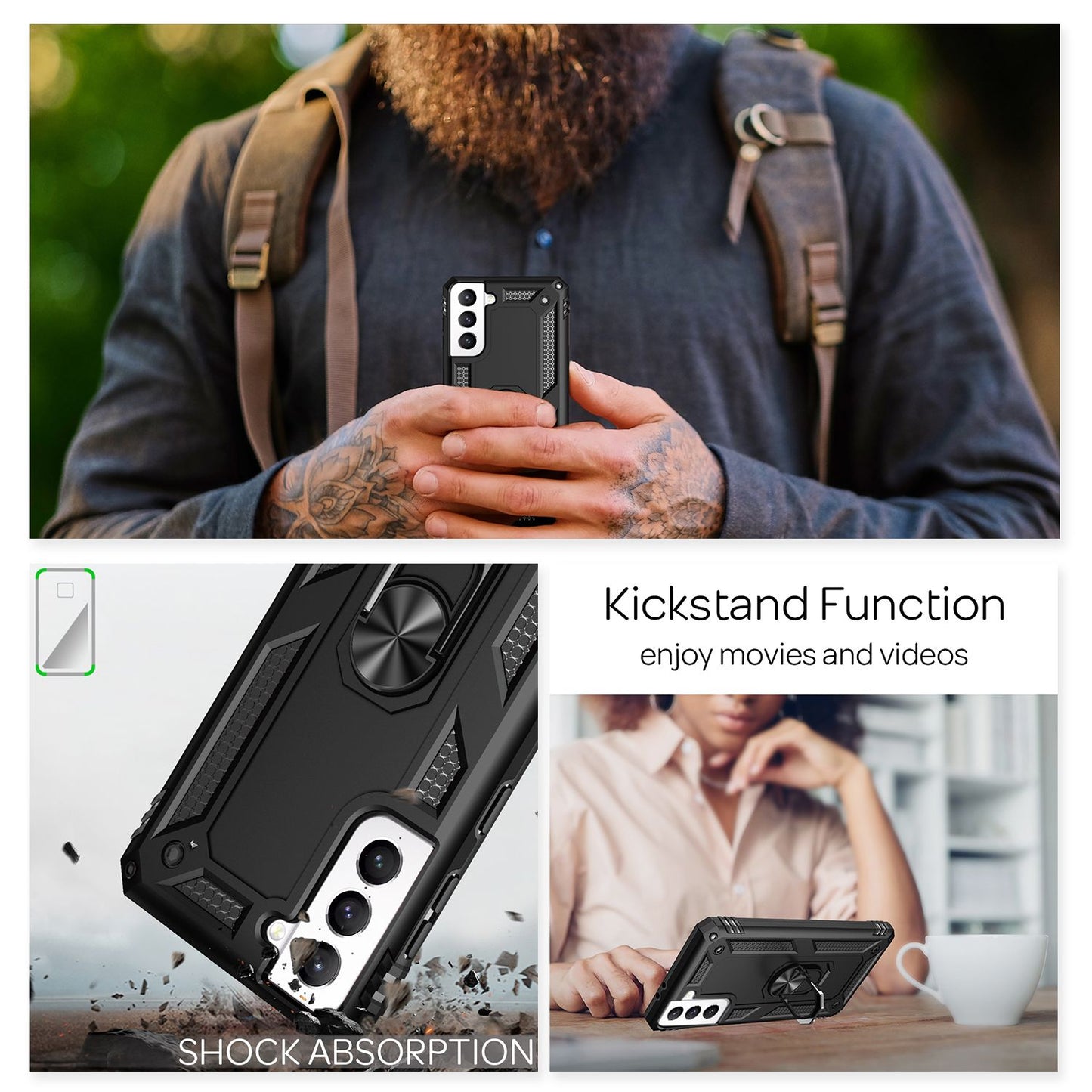 NALIA Military-Style Ring Case for Samsung Galaxy S21 FE, Extremely Protective, Shockproof, Robust, 360° Ring for Stand Function