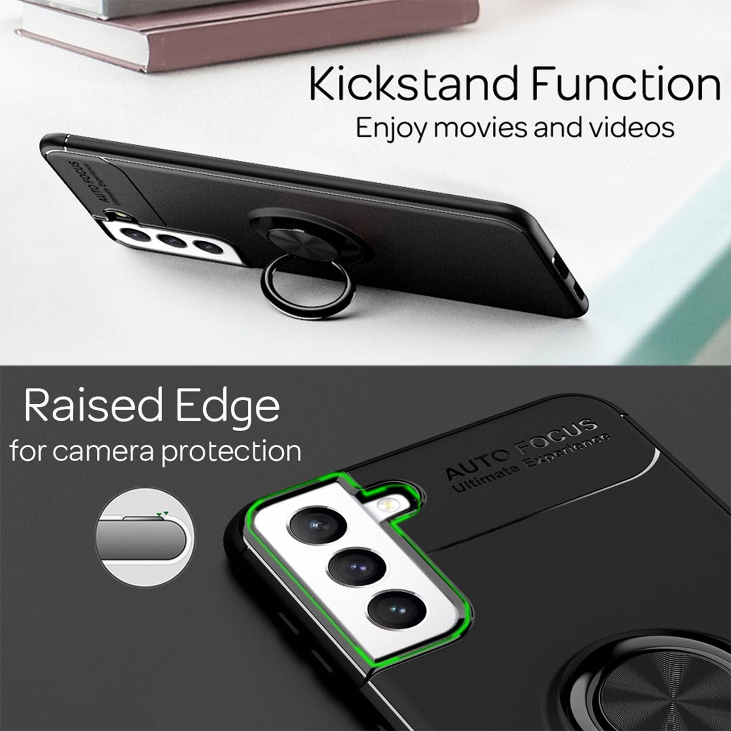 NALIA Matte Black Ring Cover fyrir Samsung Galaxy S21 FE