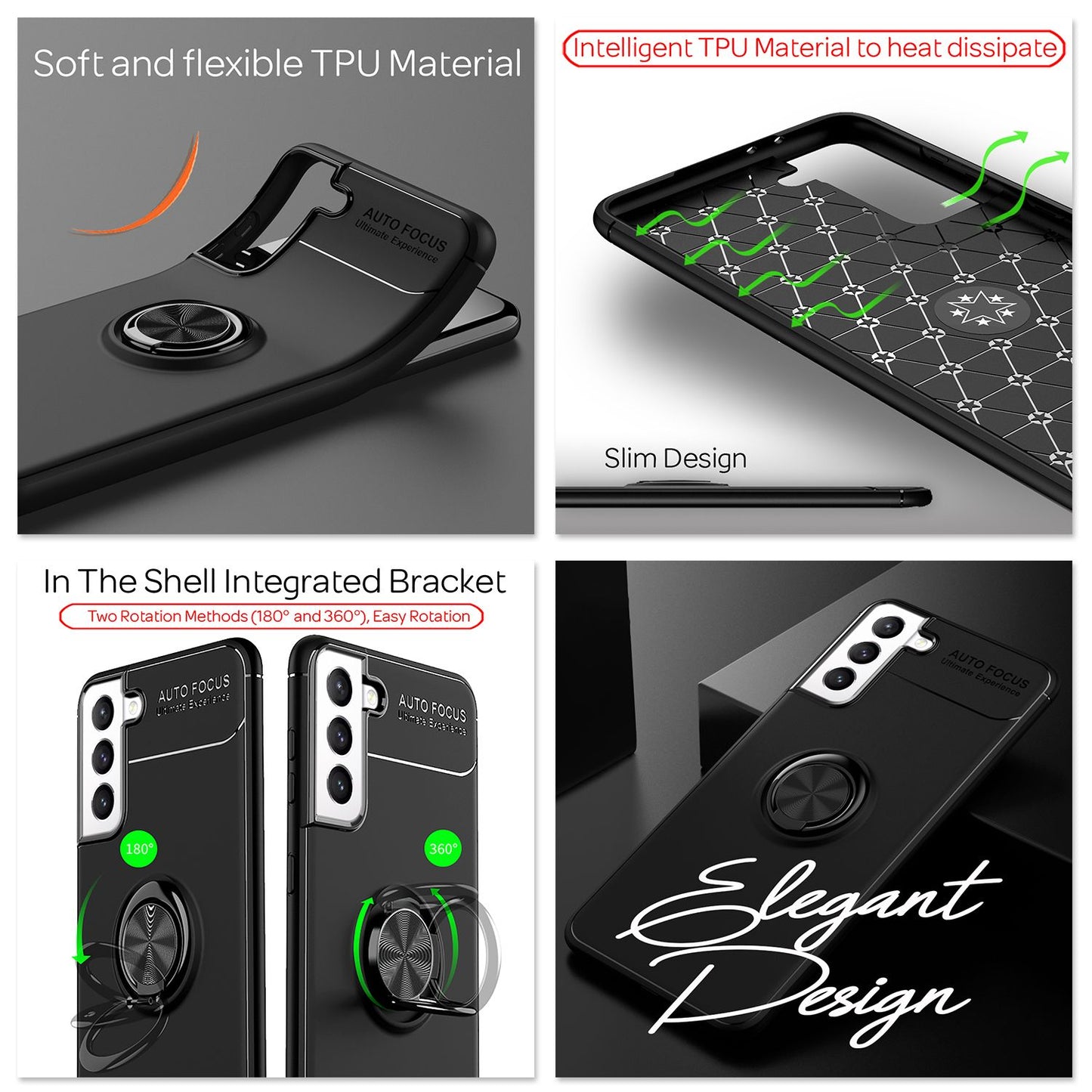 NALIA Matte Black Ring Cover fyrir Samsung Galaxy S21 FE