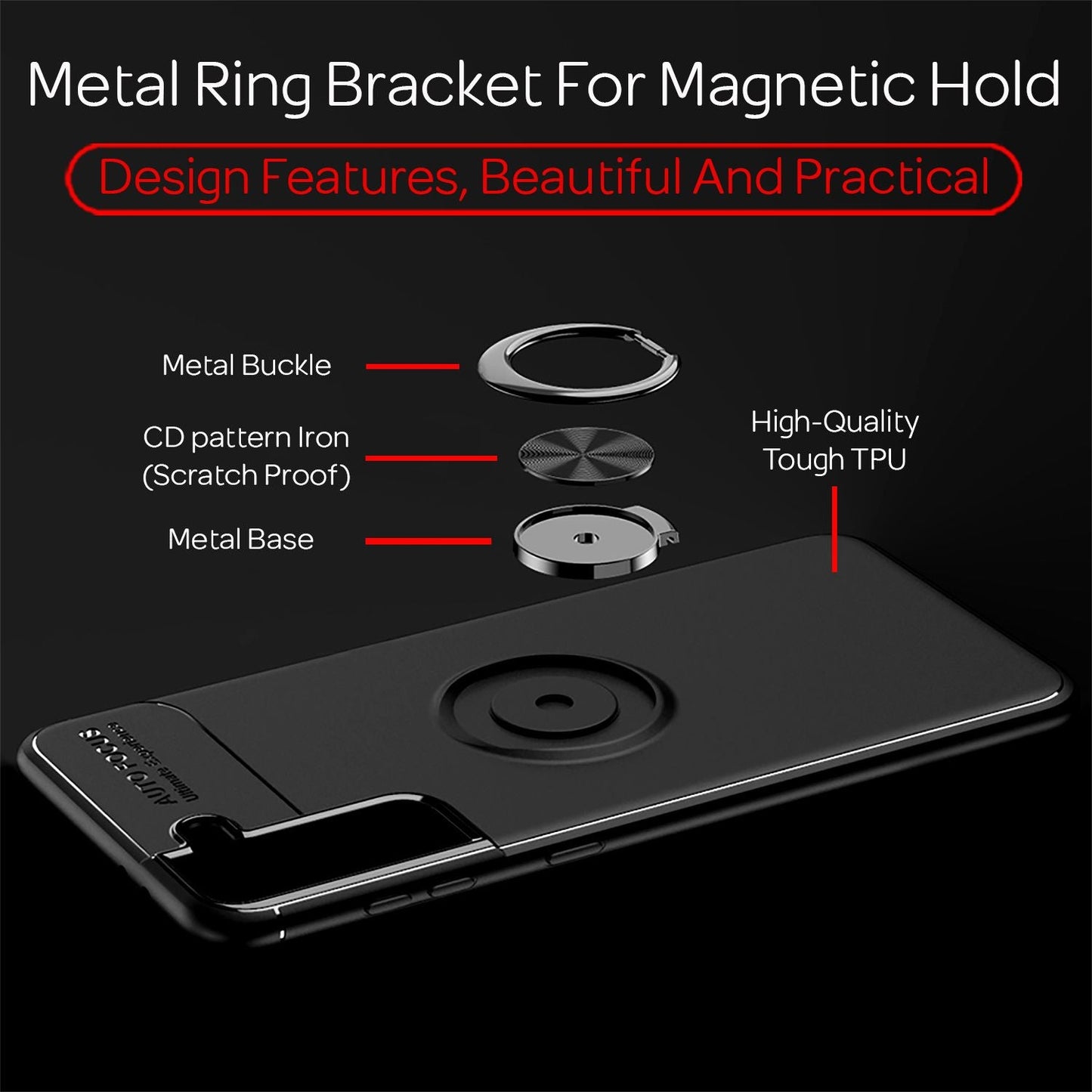 NALIA Matte Black Ring Cover fyrir Samsung Galaxy S21 FE