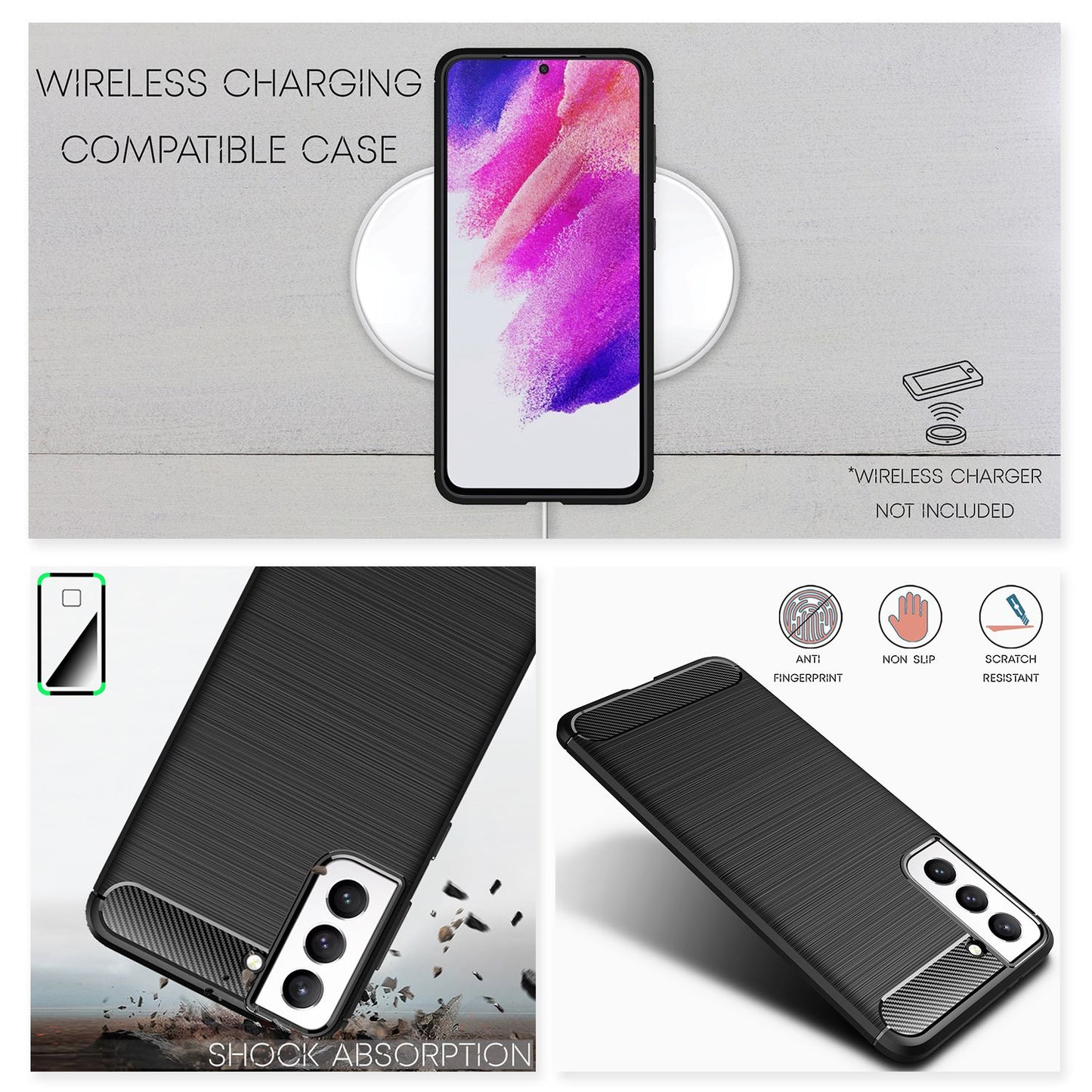 NALIA Carbon Look hulstur sem passar við Samsung Galaxy S21 FE, mattsvart sílikonhulstur með glæsilegu kolefnisþráðaútliti