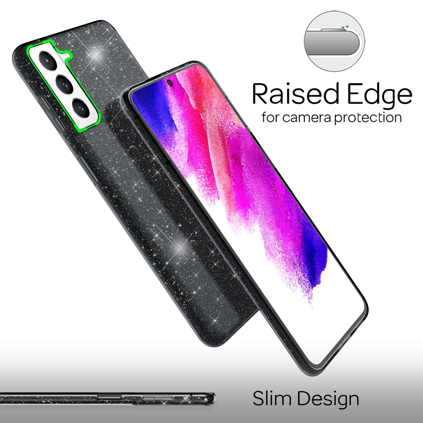 NALIA Robust Glitter Case for Samsung Galaxy S21 FE, Shiny Glitter Hybrid Protective Case, Reinforced Silicone Case