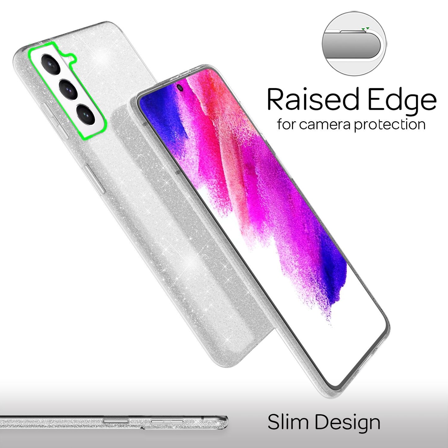 NALIA Robust Glitter Case for Samsung Galaxy S21 FE, Shiny Glitter Hybrid Protective Case, Reinforced Silicone Case