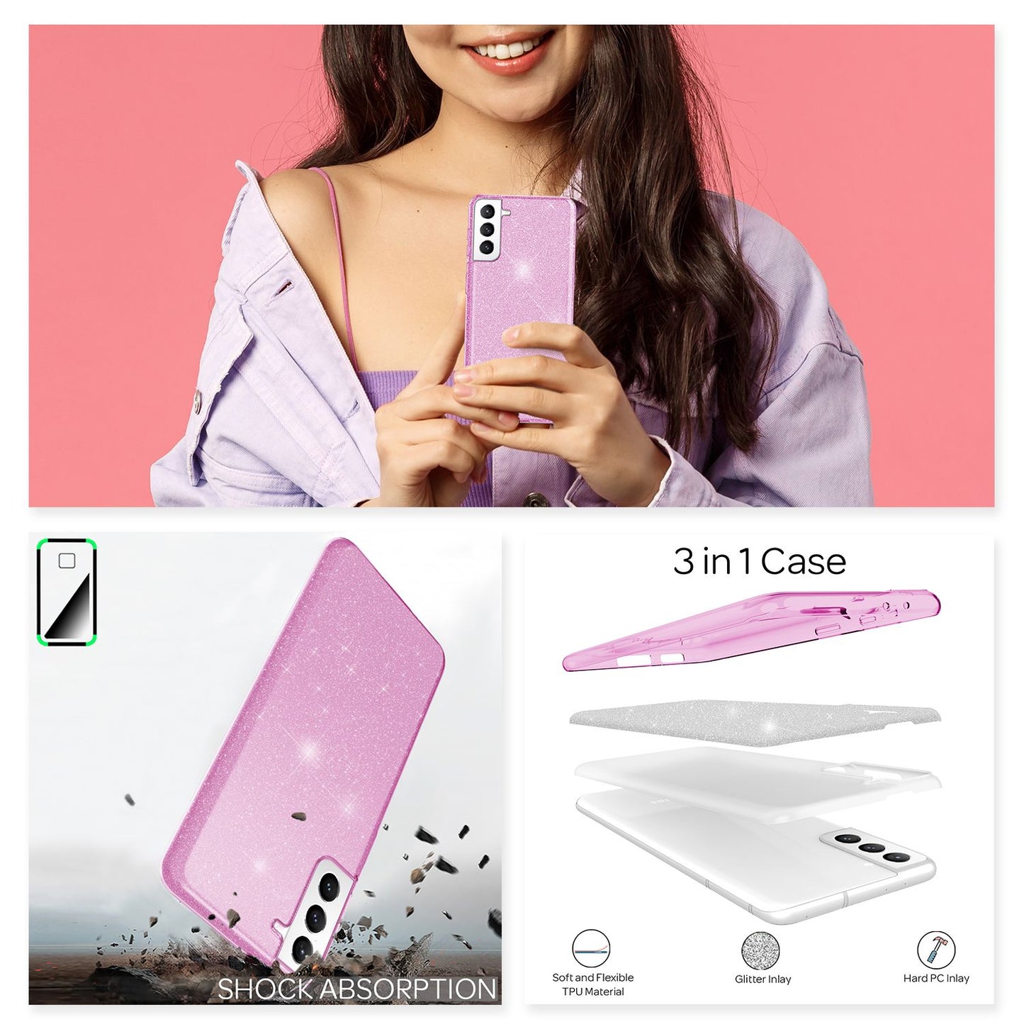 NALIA Robust Glitter Case for Samsung Galaxy S21 FE, Shiny Glitter Hybrid Protective Case, Reinforced Silicone Case