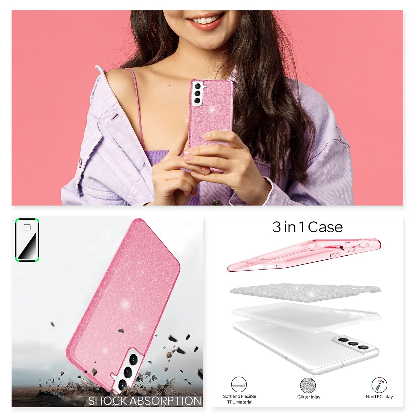 NALIA Robust Glitter Case for Samsung Galaxy S21 FE, Shiny Glitter Hybrid Protective Case, Reinforced Silicone Case