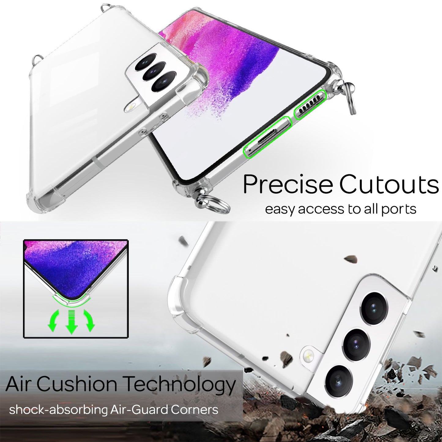 NALIA Handyhülle mit Kette für Samsung Galaxy S21 FE, Transparente Schutzhülle & Handy-Schnur zum Umhängen, Robust Vergilbungsfrei Klar