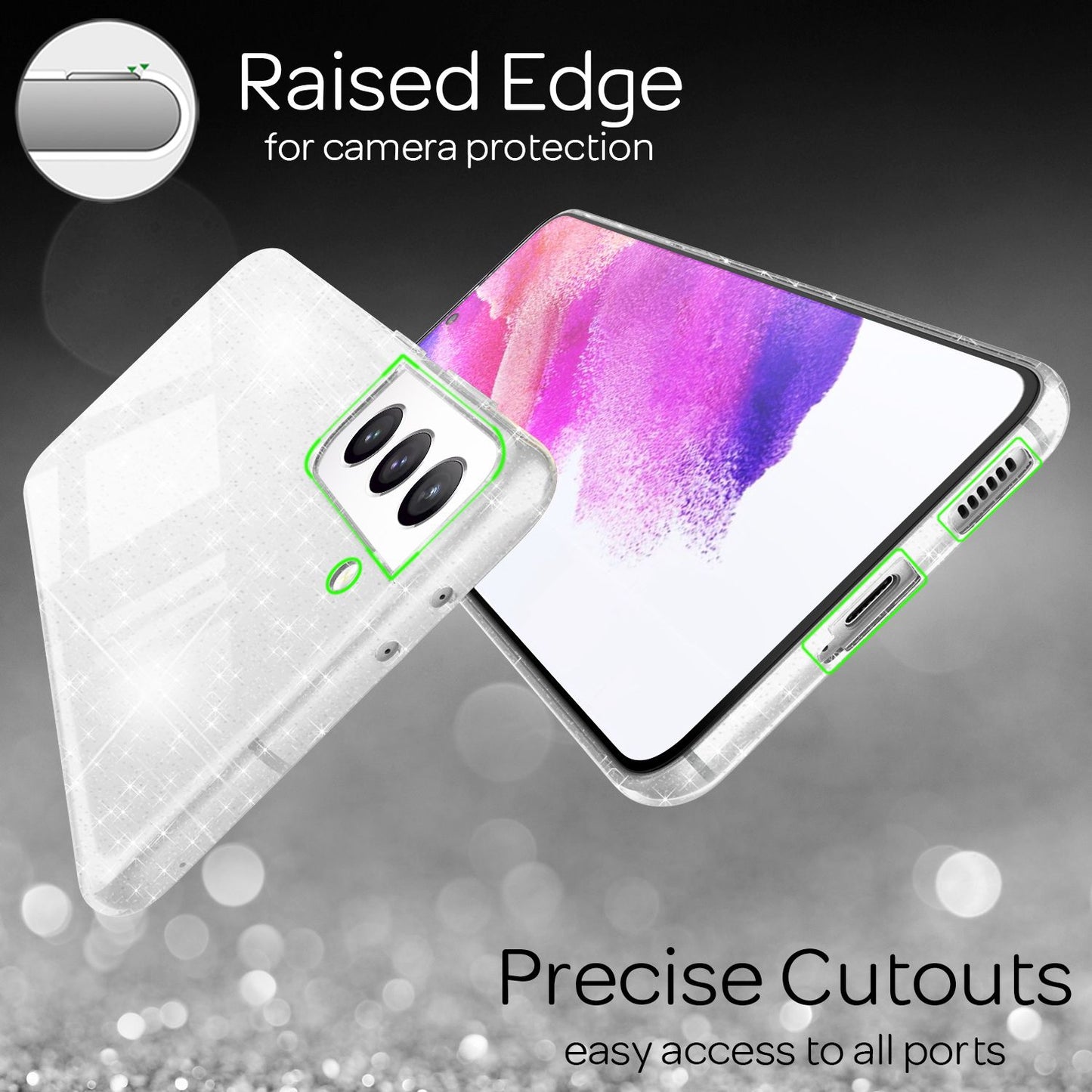 NALIA Glært glitrandi hulstur fyrir Samsung Galaxy S21 FE, gegnsætt, gulnar ekki