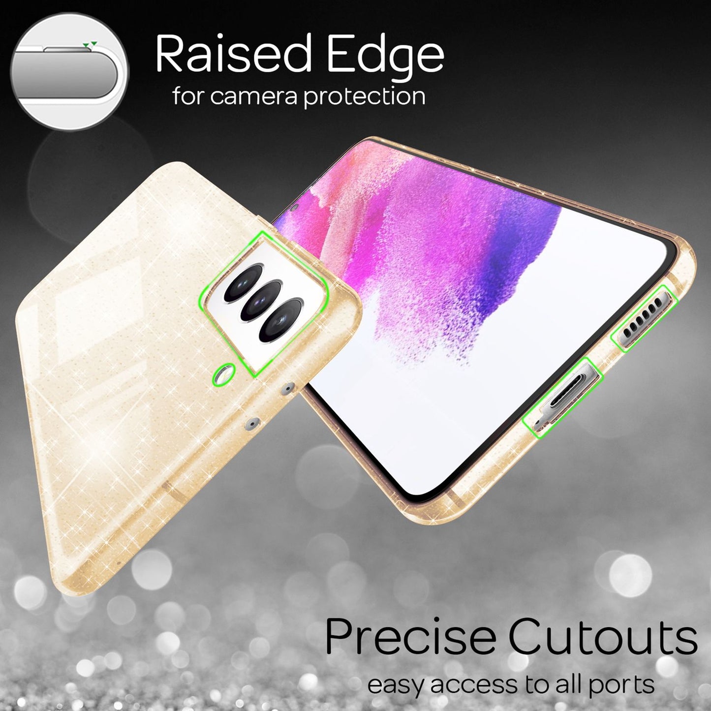 NALIA Glært glitrandi hulstur fyrir Samsung Galaxy S21 FE, gegnsætt, gulnar ekki