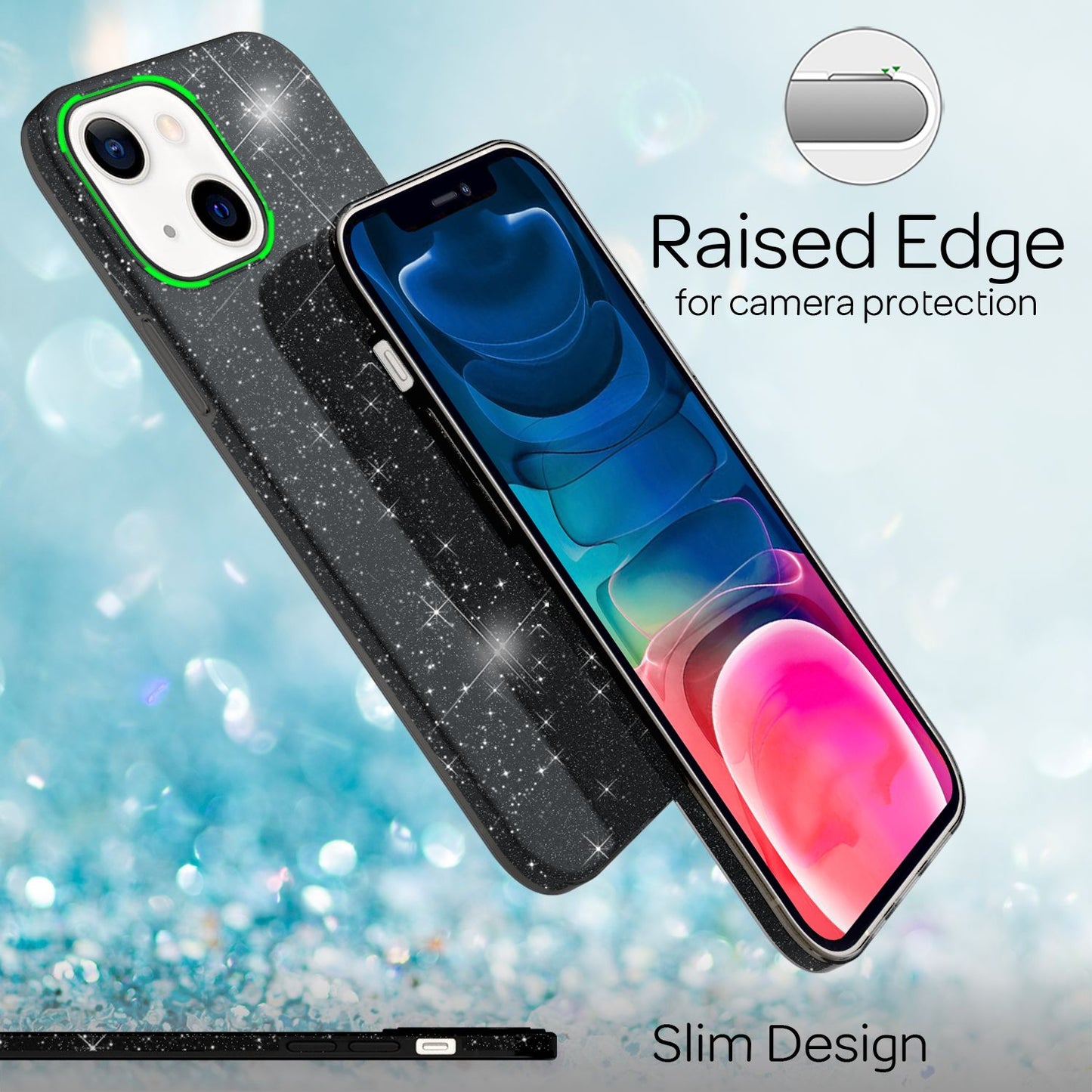 NALIA Sterkt glitrandi hulstur fyrir iPhone 13 Mini, glansandi glitrandi hlífðarhulstur, styrkt sílikonhulstur