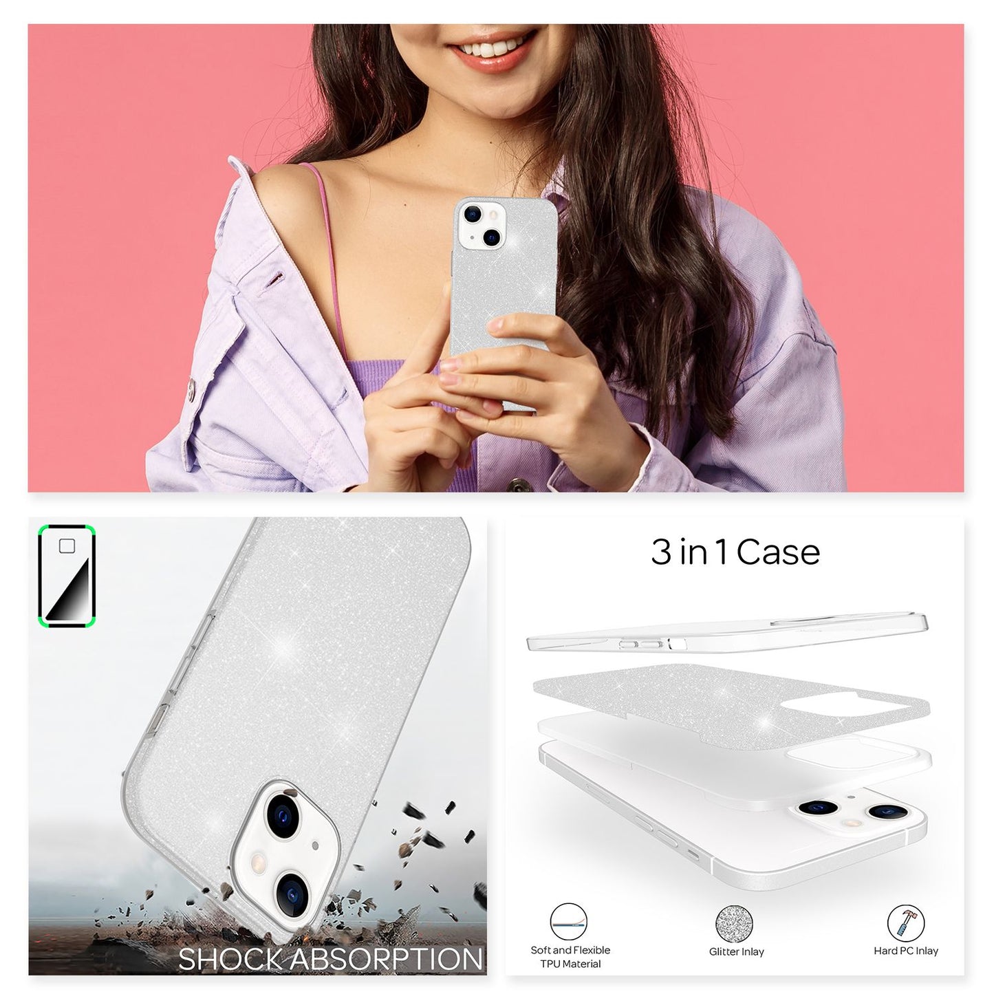 NALIA Sterkt glitrandi hulstur fyrir iPhone 13 Mini, glansandi glitrandi hlífðarhulstur, styrkt sílikonhulstur