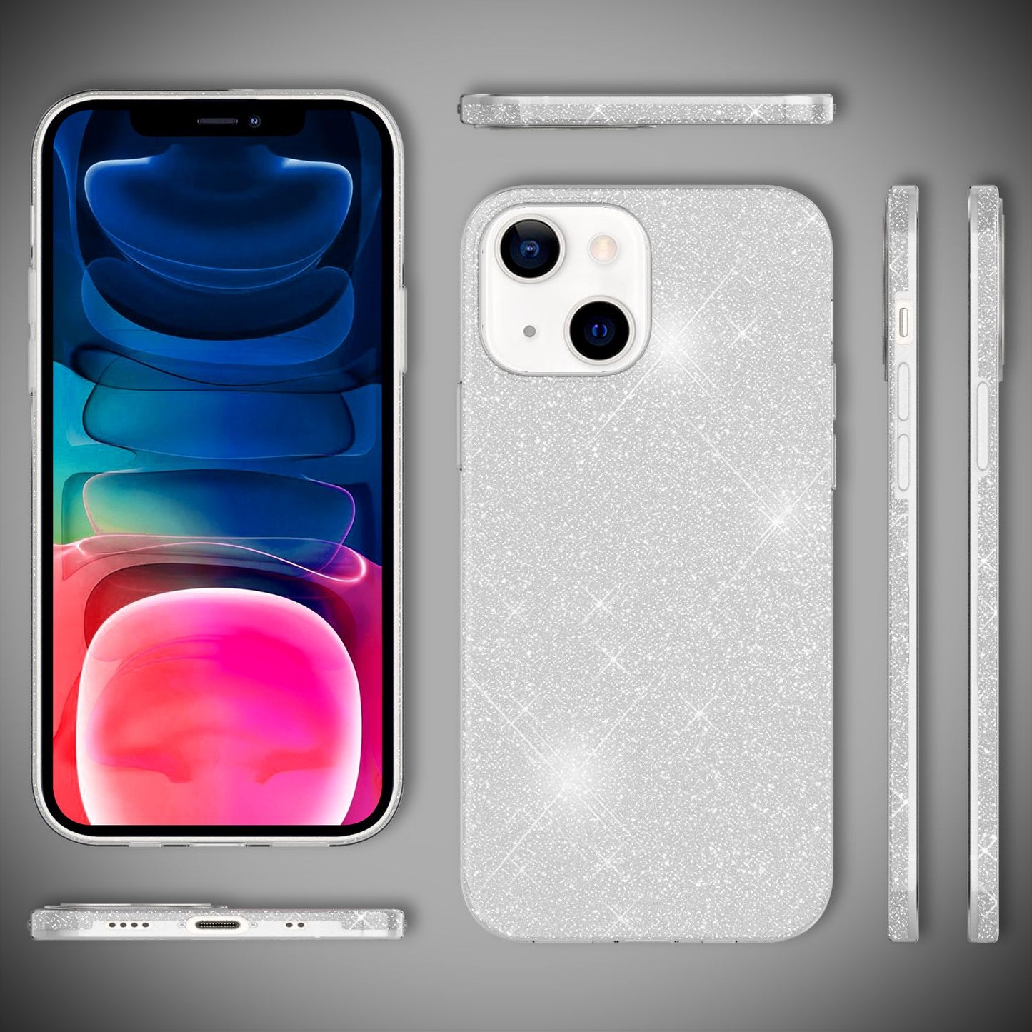 NALIA Sterkt glitrandi hulstur fyrir iPhone 13 Mini, glansandi glitrandi hlífðarhulstur, styrkt sílikonhulstur