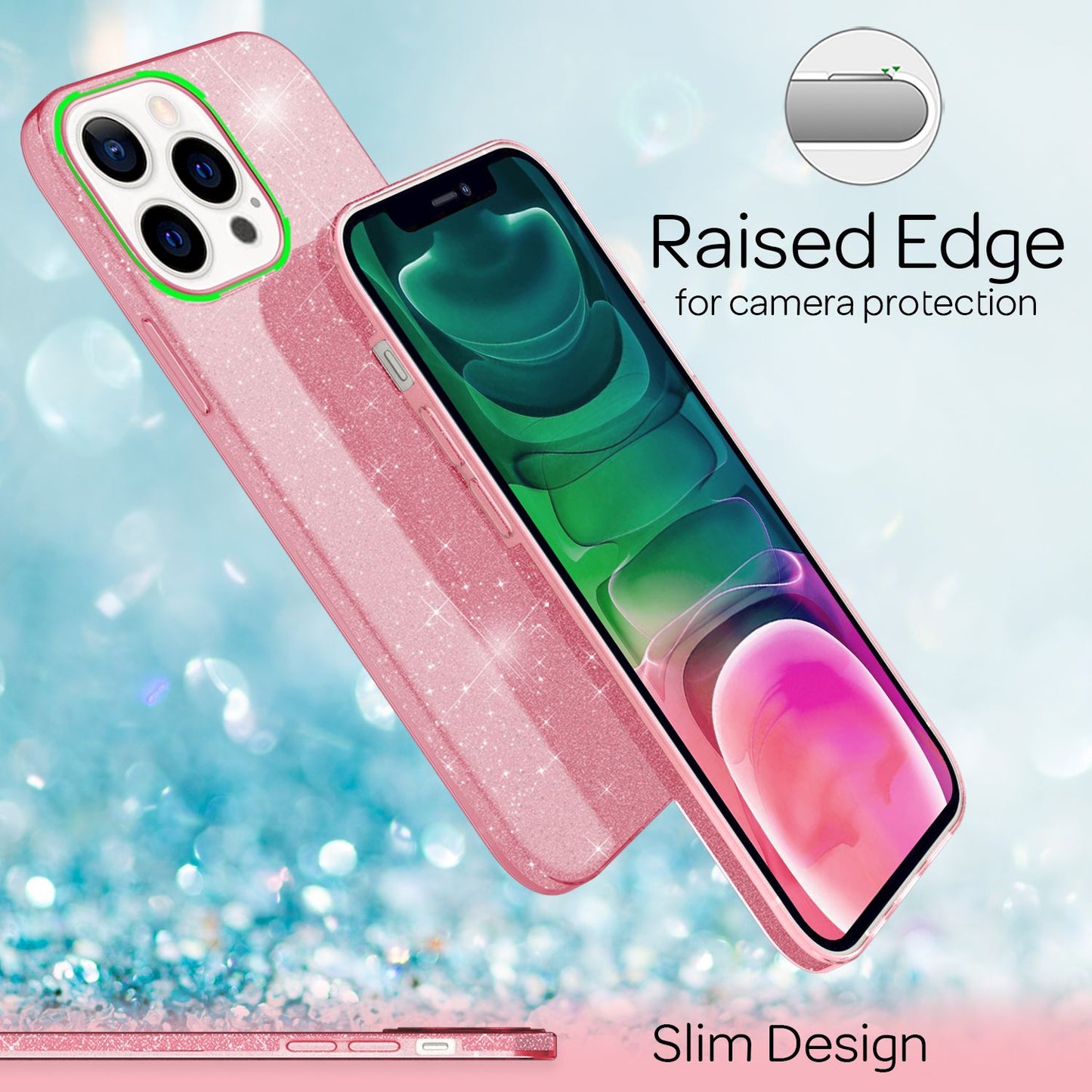 NALIA Rugged Glitter Cover fyrir iPhone 13 Pro, höggþolið glansandi glitrandi hlífðarhulstur úr blendingsefni, styrkt sílikonhulstur