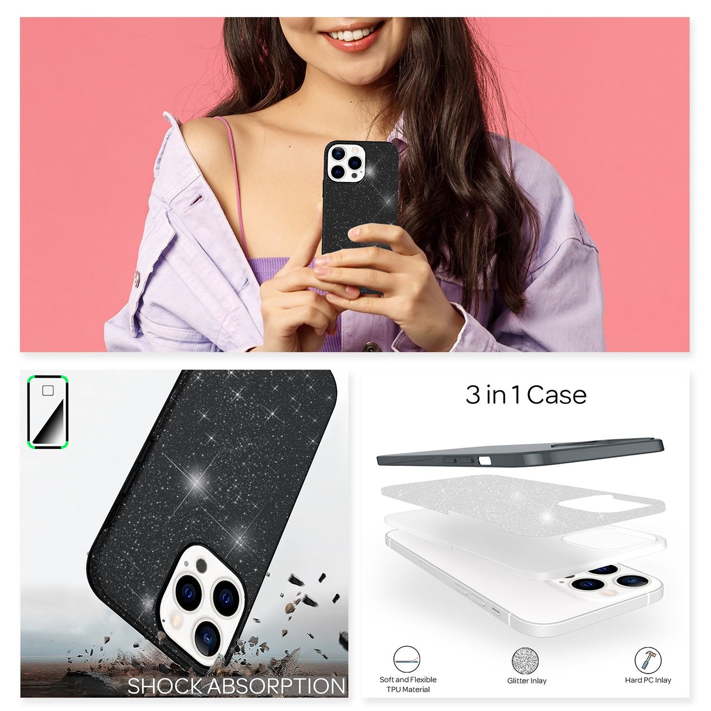 NALIA Rugged Glitter Cover fyrir iPhone 13 Pro, höggþolið glansandi glitrandi hlífðarhulstur úr blendingsefni, styrkt sílikonhulstur