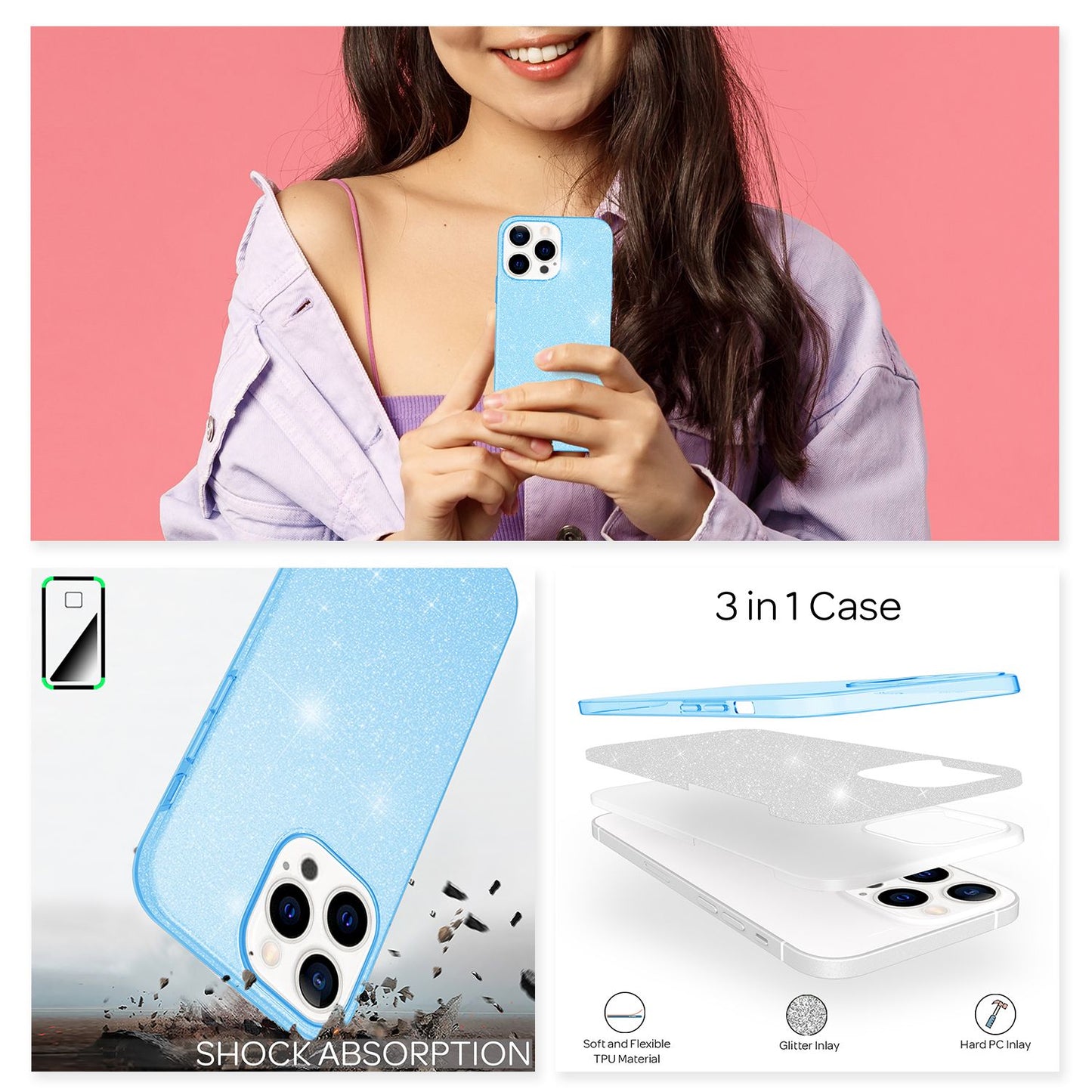 NALIA Rugged Glitter Case for iPhone 13 Pro Max, Shockproof Shiny Glitter Protective Case, Reinforced Silicone Case