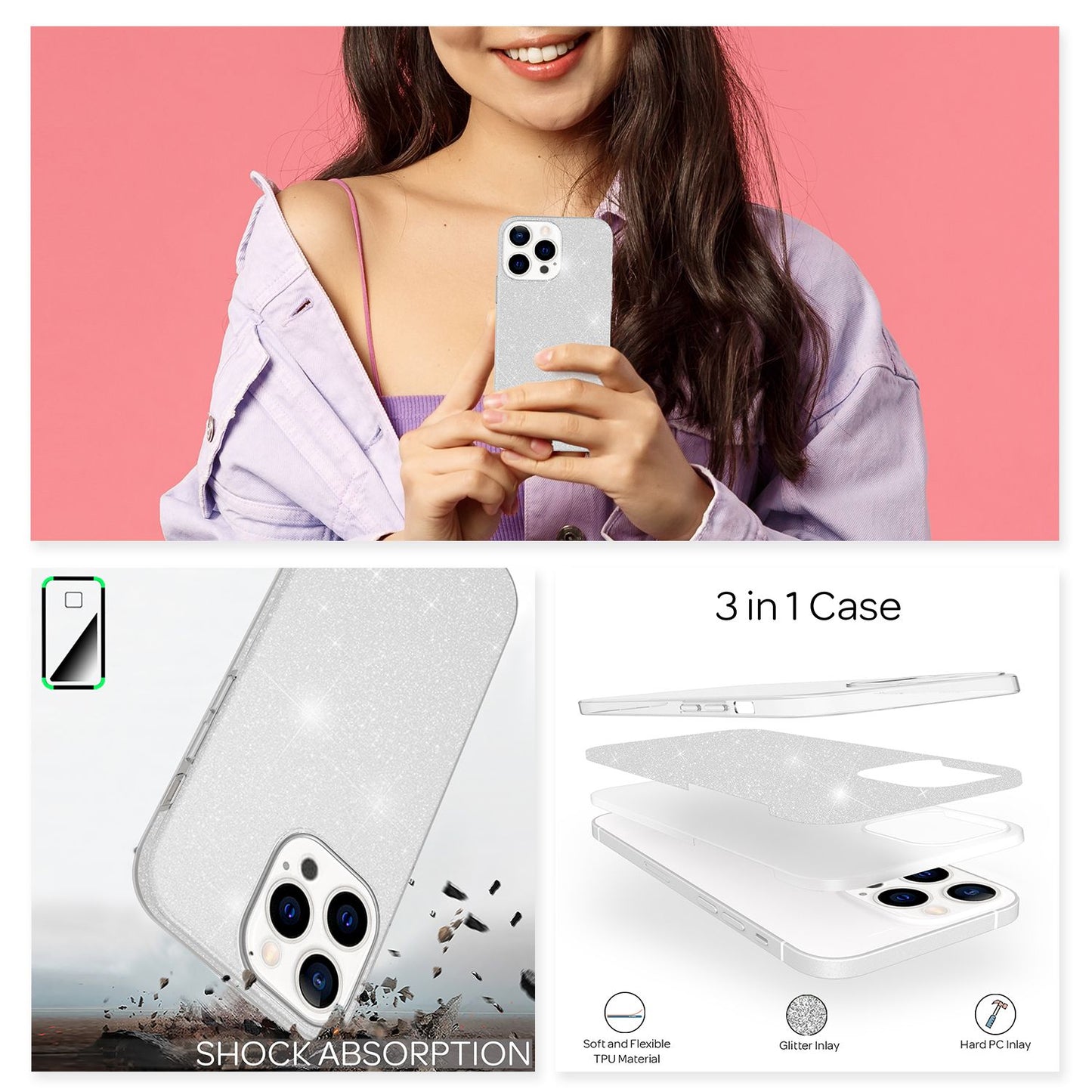 NALIA Rugged Glitter Case for iPhone 13 Pro Max, Shockproof Shiny Glitter Protective Case, Reinforced Silicone Case