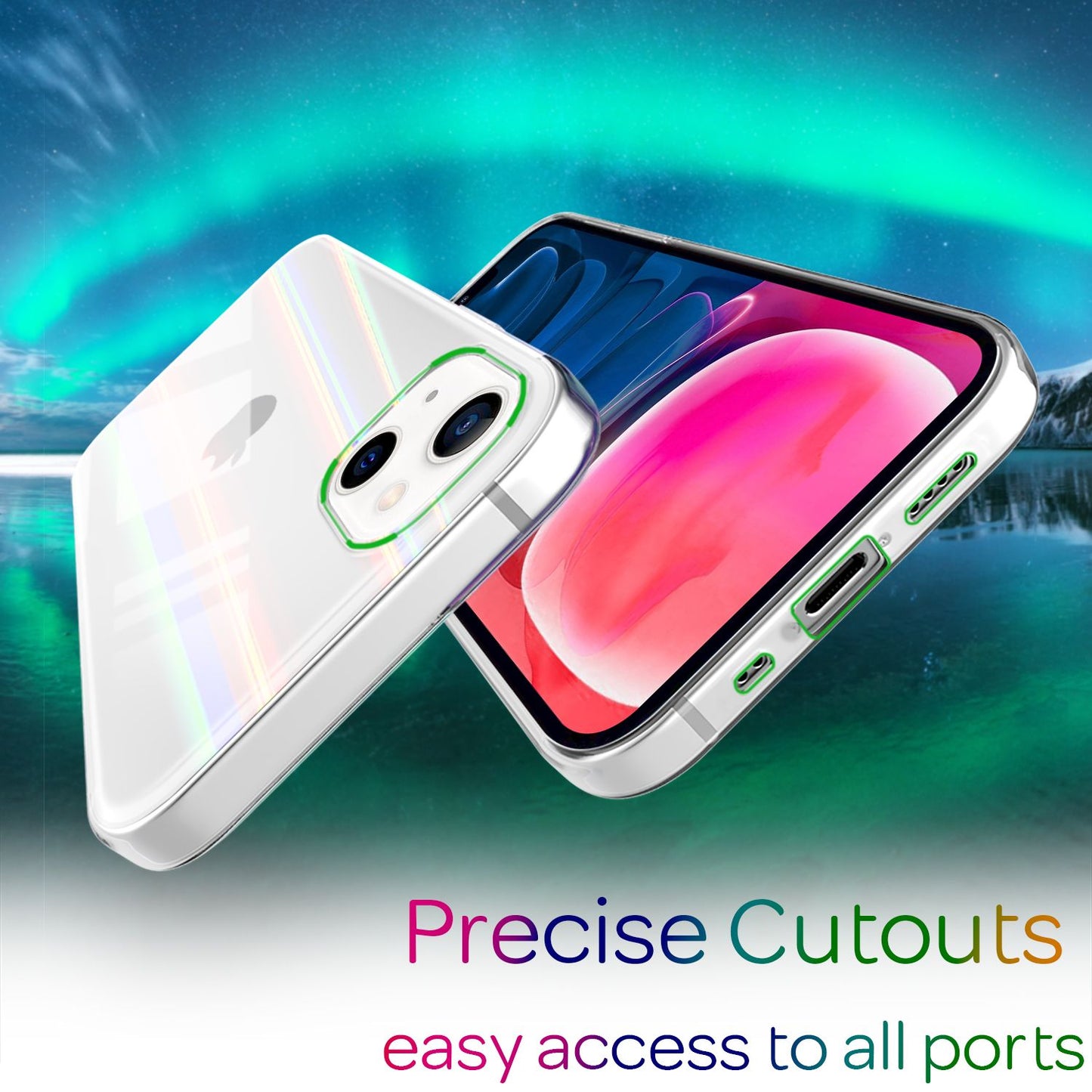 NALIA hulstur úr gegnsæju herti gleri fyrir iPhone 13 Mini, gegnsætt regnbogaáferð, rispuþolið, hert gler og sílikon stuðari