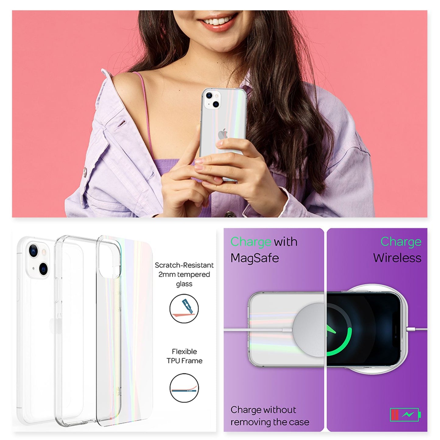 NALIA hulstur úr gegnsæju herti gleri fyrir iPhone 13 Mini, gegnsætt regnbogaáferð, rispuþolið, hert gler og sílikon stuðari