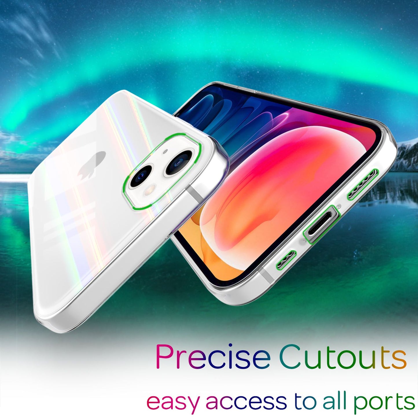 NALIA Clear Tempered Glass Case for iPhone 13, Transparent Rainbow Effect Anti-Yellowing Scratch-Resistant Tempered Glass &amp; Silicone Bumper