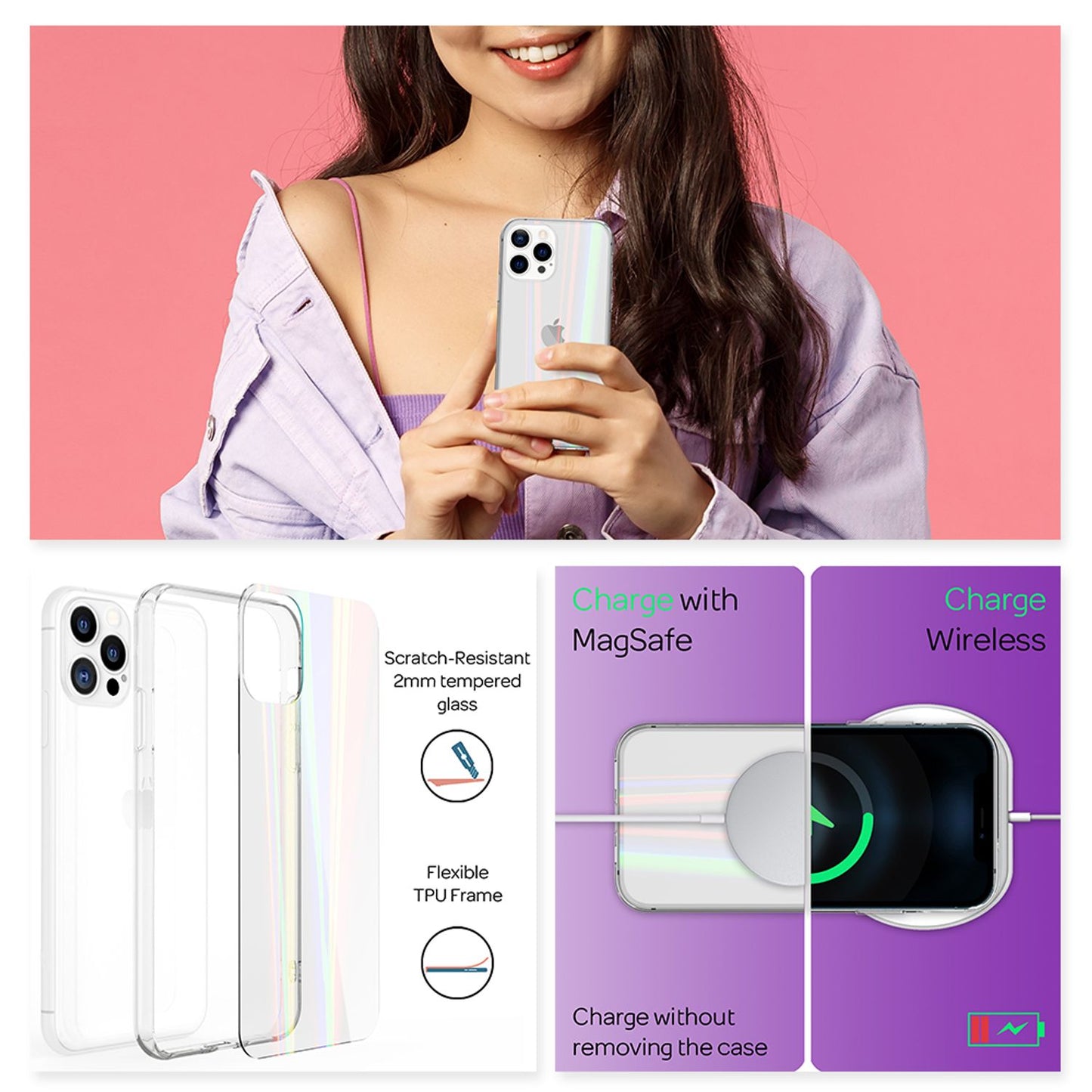 NALIA Clear Tempered Glass Case for iPhone 13 Pro Max, Transparent Rainbow Effect Anti-Yellowing Scratch-Resistant Tempered Glass &amp; Silicone Bumper