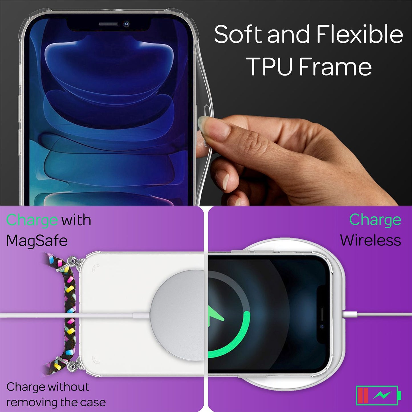 NALIA Phone Case with Chain for iPhone 13, Transparent Hard Case &amp; Phone Cord, Robust, Non-Yellowing, Clear