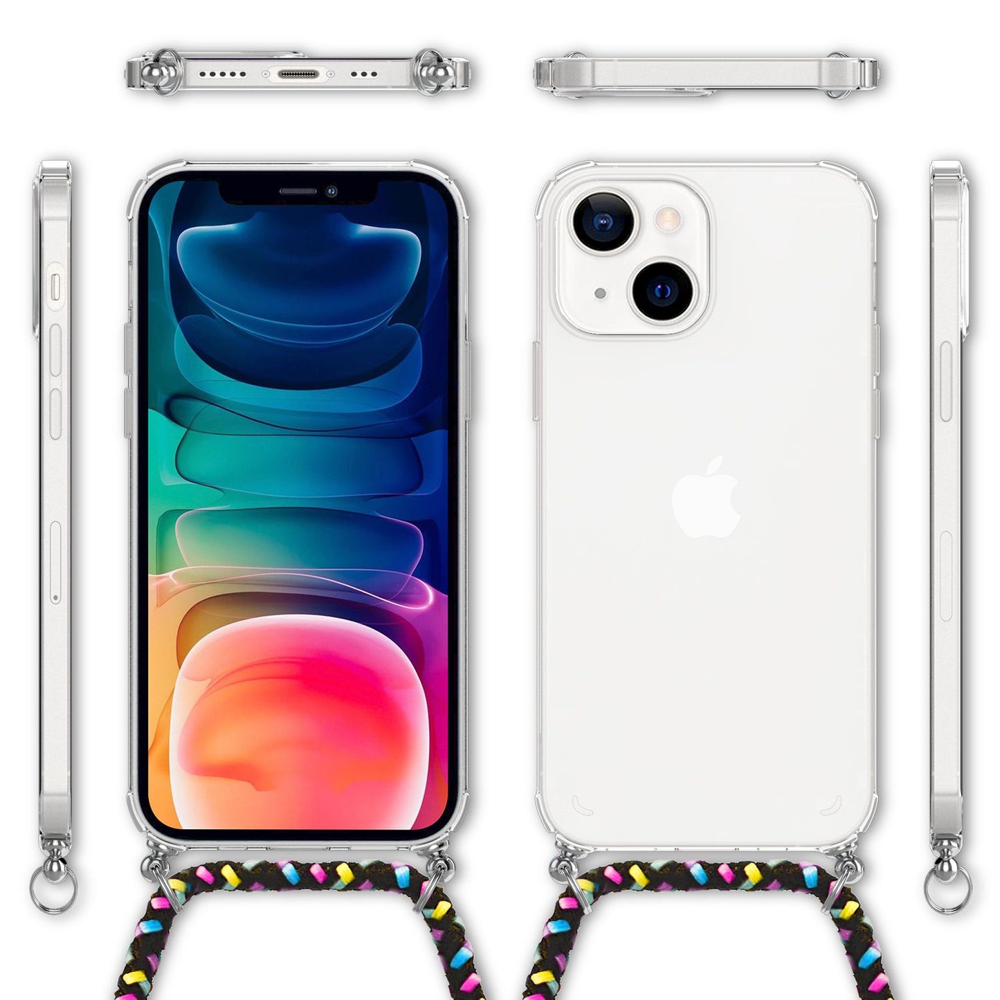 NALIA Phone Case with Chain for iPhone 13, Transparent Hard Case &amp; Phone Cord, Robust, Non-Yellowing, Clear