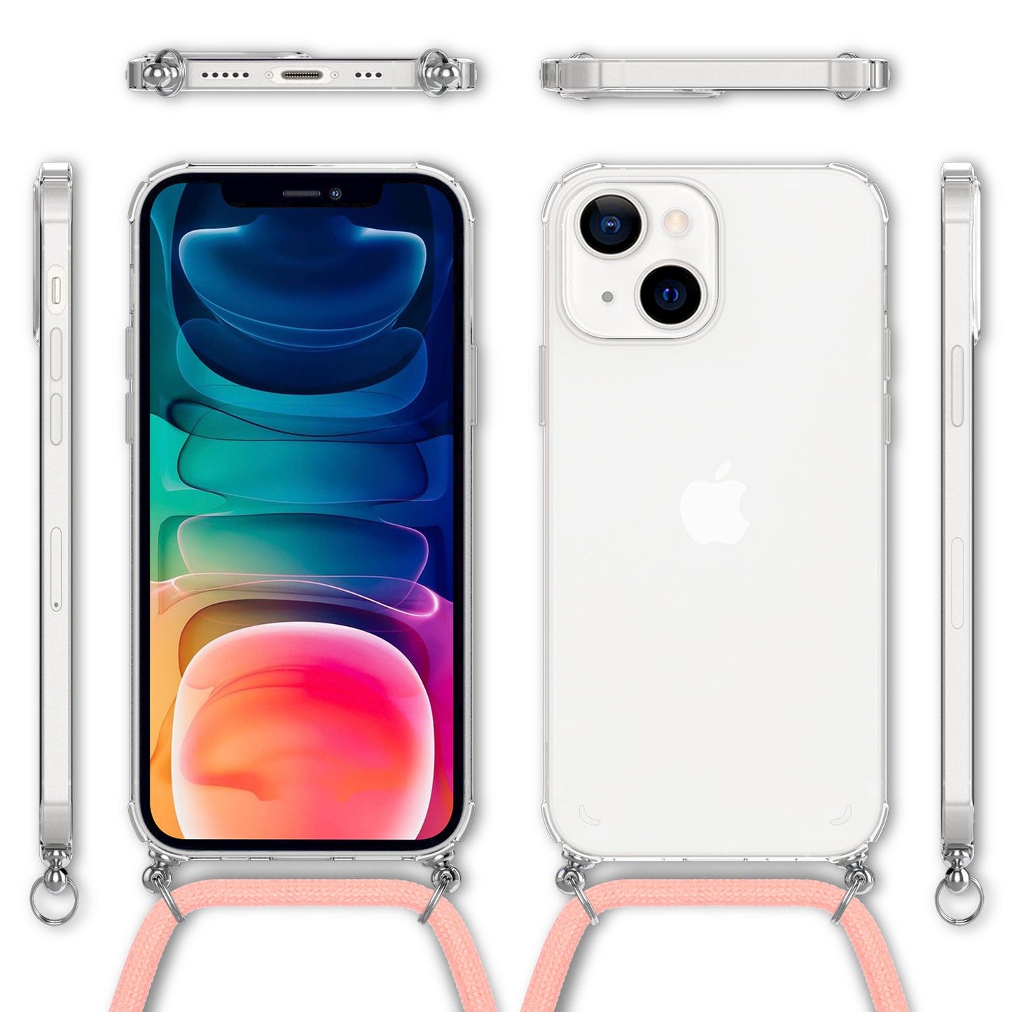 NALIA Phone Case with Chain for iPhone 13, Transparent Hard Case &amp; Phone Cord, Robust, Non-Yellowing, Clear