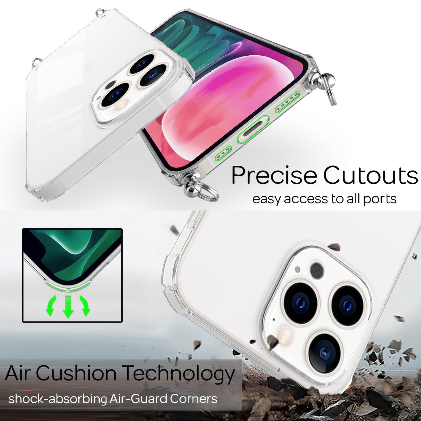 NALIA Phone Case with Chain for iPhone 13 Pro, Transparent Hard Case &amp; Phone Cord