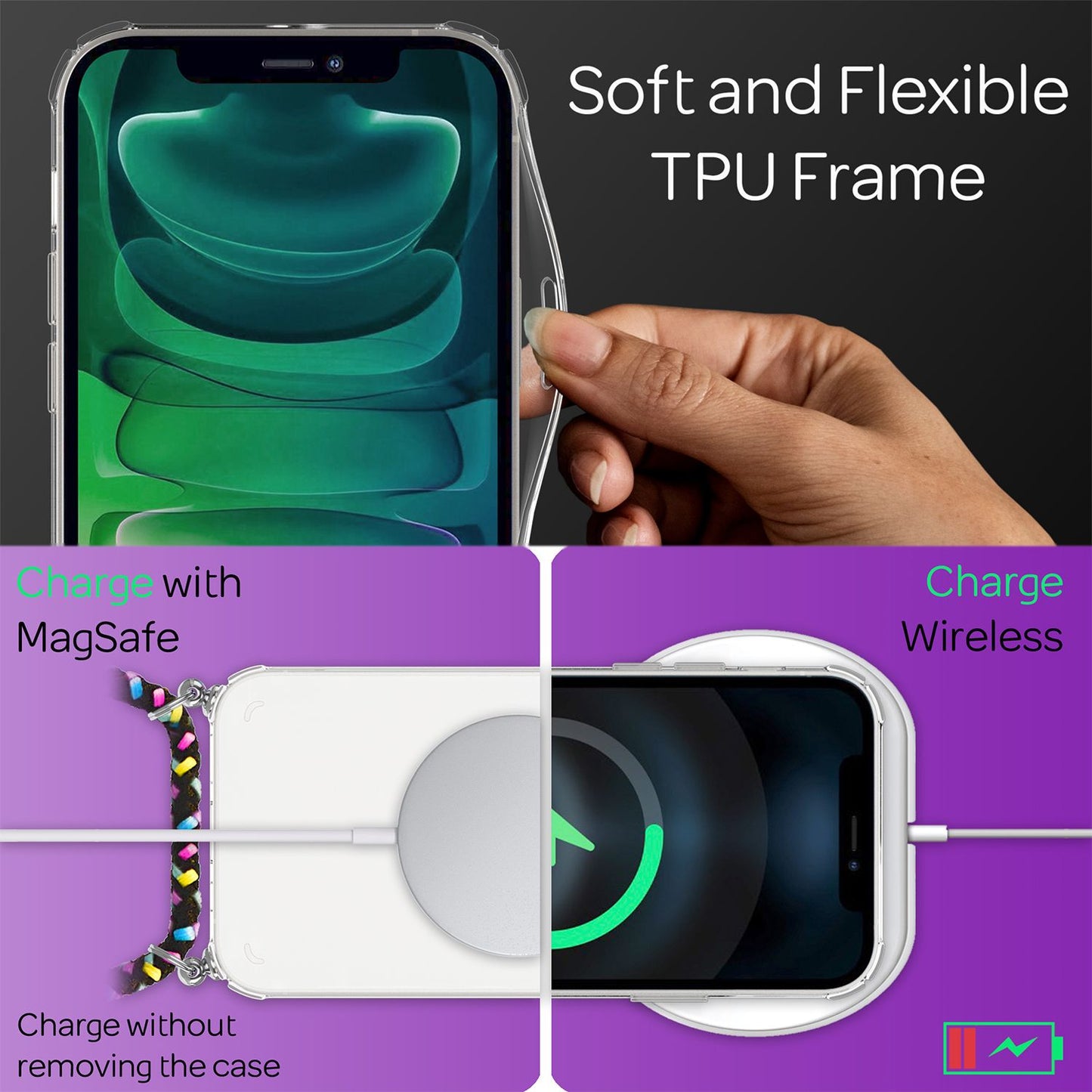 NALIA Phone Case with Chain for iPhone 13 Pro, Transparent Hard Case &amp; Phone Cord