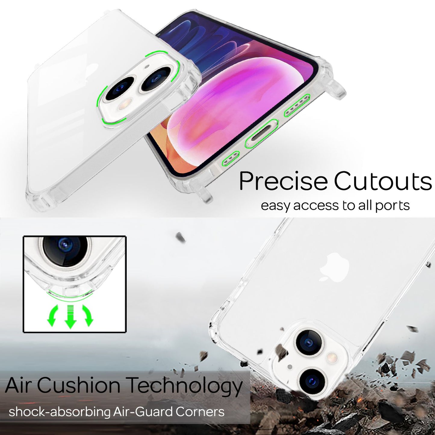 NALIA Clear Hybrid Case with Chain for iPhone 13, Transparent Hard Case &amp; Silicone Frame, Protective Case &amp; Phone Cord