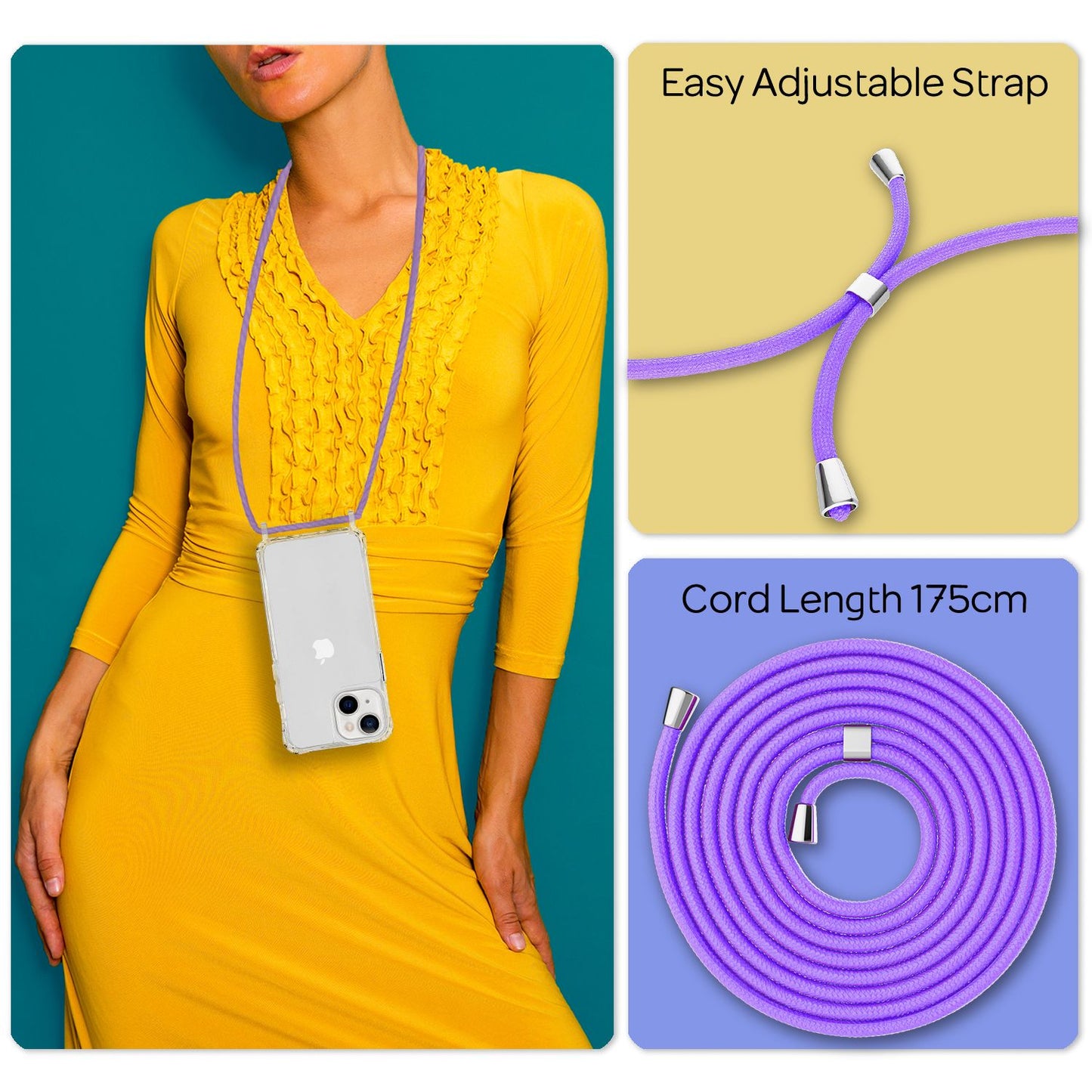 NALIA Clear Hybrid Case with Chain for iPhone 13, Transparent Hard Case &amp; Silicone Frame, Protective Case &amp; Phone Cord