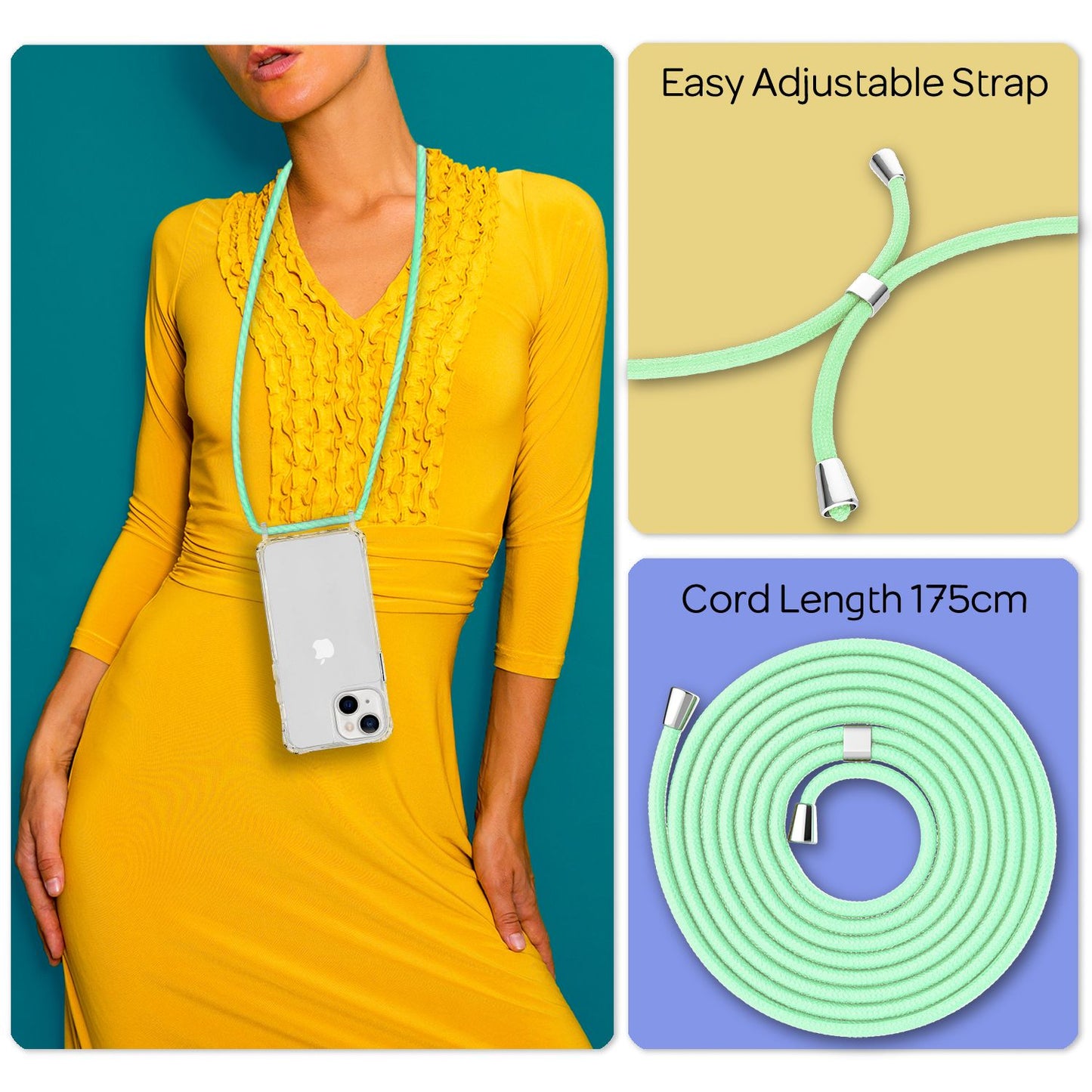 NALIA Clear Hybrid Case with Chain for iPhone 13, Transparent Hard Case &amp; Silicone Frame, Protective Case &amp; Phone Cord