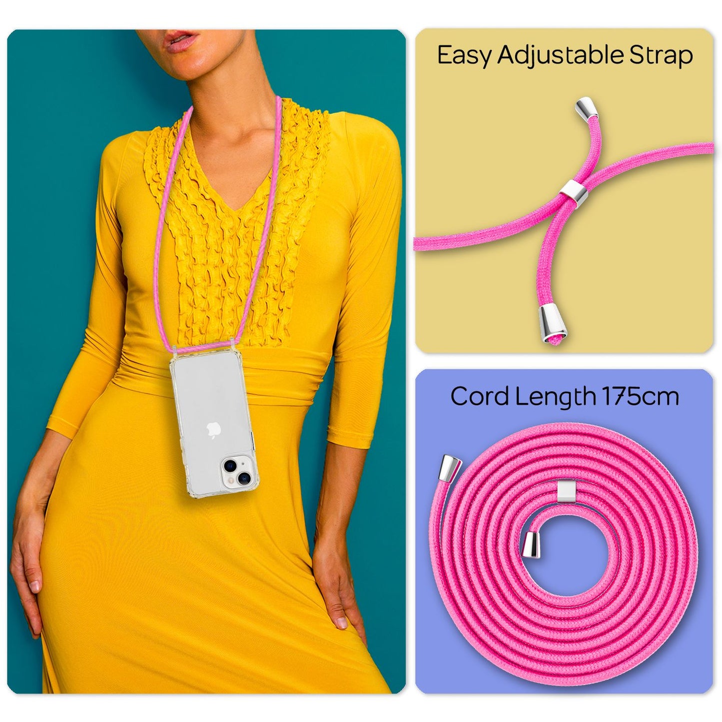 NALIA Clear Hybrid Case with Chain for iPhone 13, Transparent Hard Case &amp; Silicone Frame, Protective Case &amp; Phone Cord