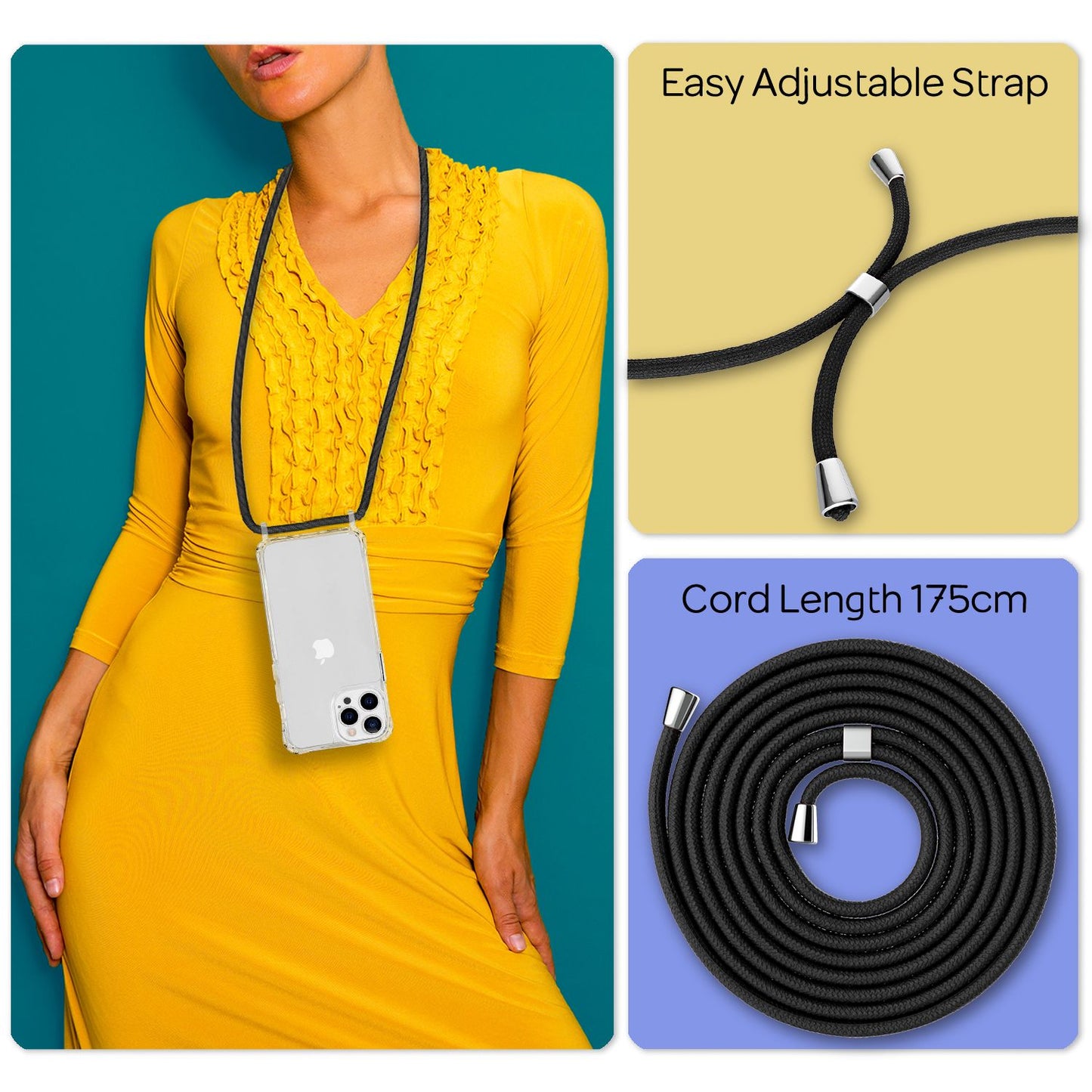 NALIA Klares Hybrid Case mit Kette für iPhone 13 Pro, Transparent Anti-Gelb Robust Verstärkte Ecken Hardcase & Silikon Rahmen, Stoßfeste Schutzhülle & Handy-Schnur