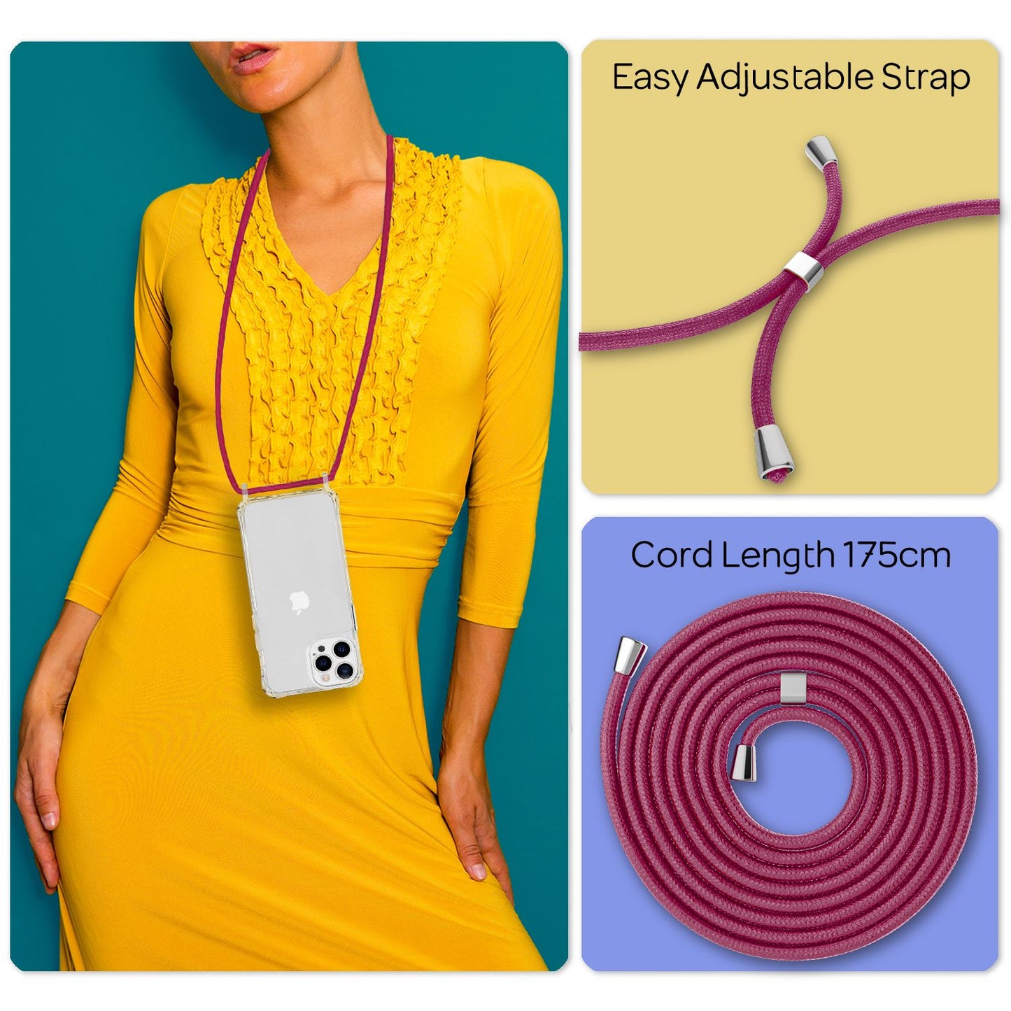 NALIA Klares Hybrid Case mit Kette für iPhone 13 Pro, Transparent Anti-Gelb Robust Verstärkte Ecken Hardcase & Silikon Rahmen, Stoßfeste Schutzhülle & Handy-Schnur