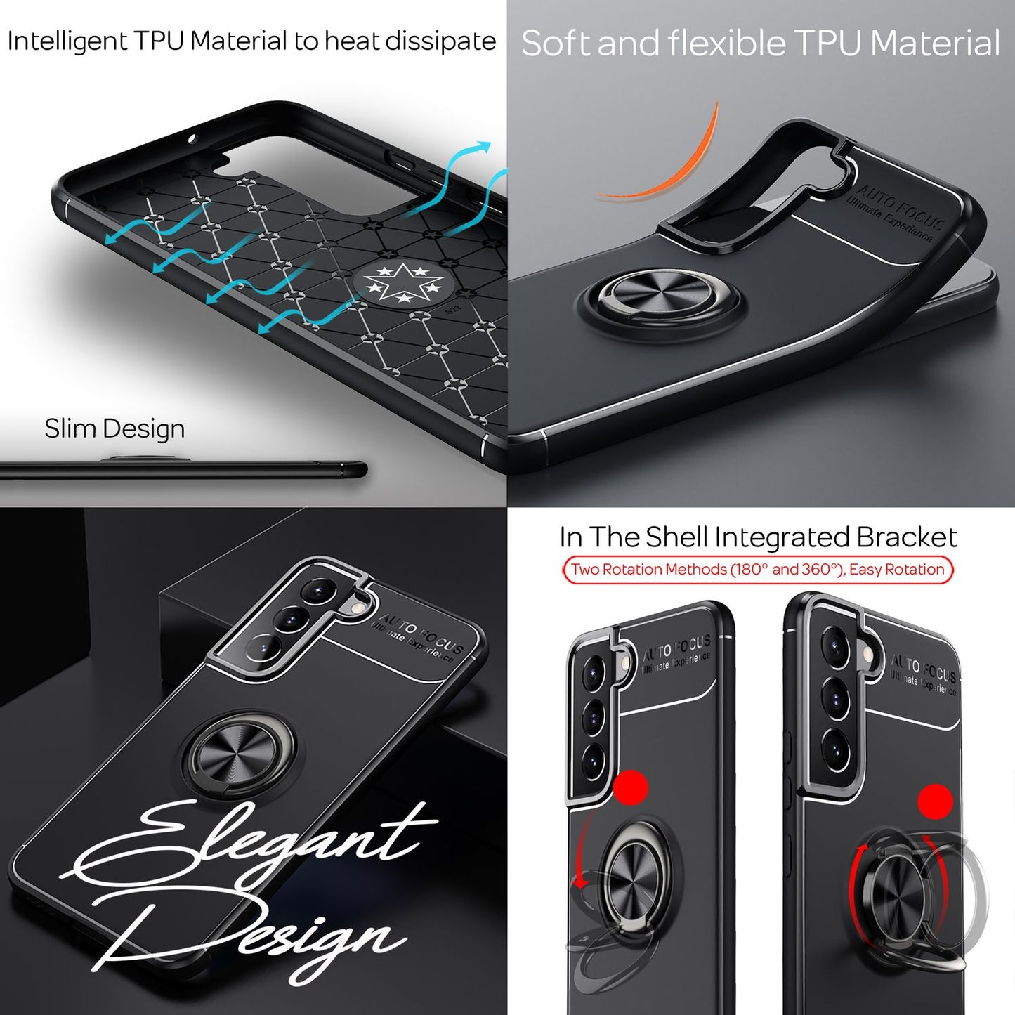 NALIA Matte Black Ring Cover fyrir Samsung Galaxy S22