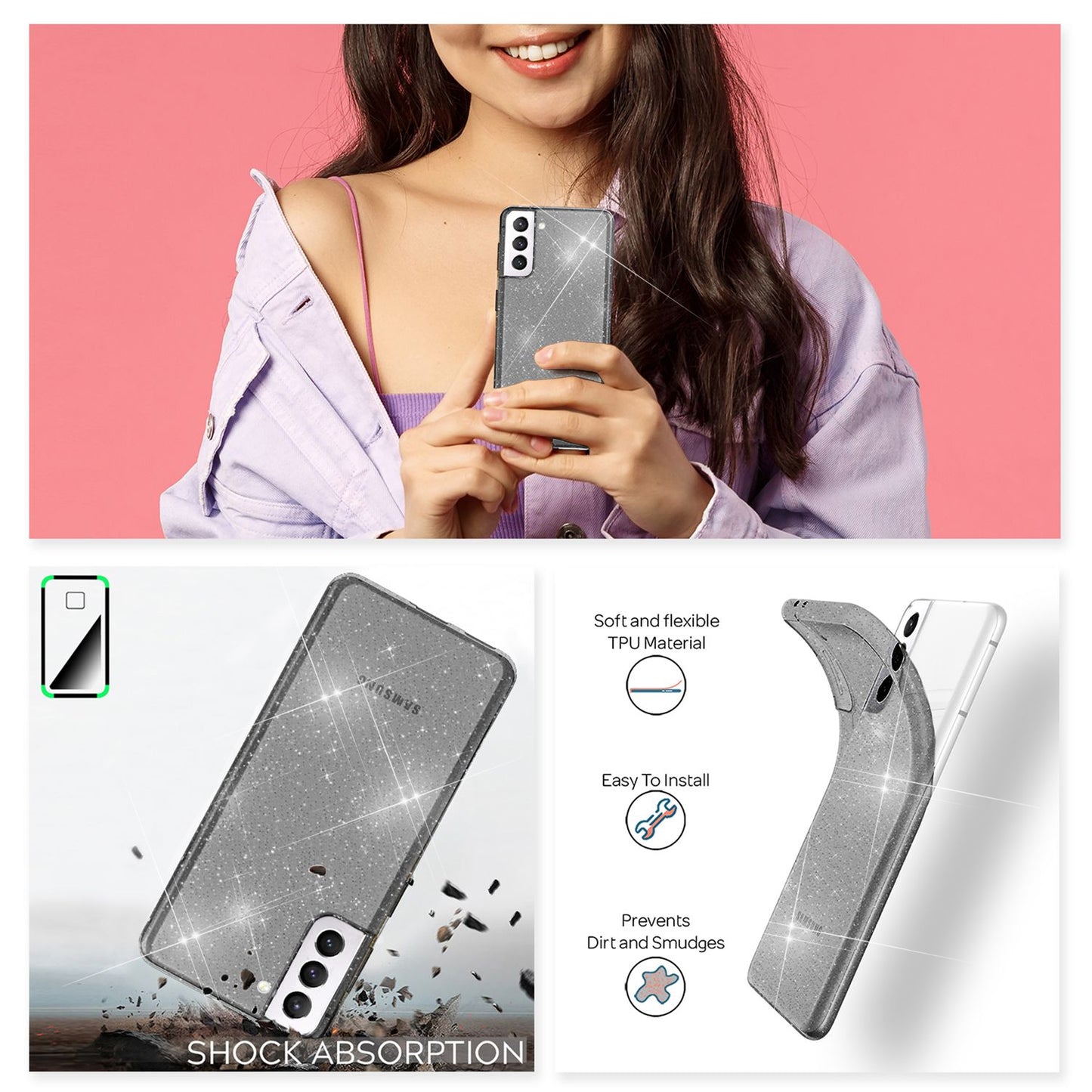 NALIA Glært glitrandi hulstur fyrir Samsung Galaxy S22, gegnsætt, gulnar ekki