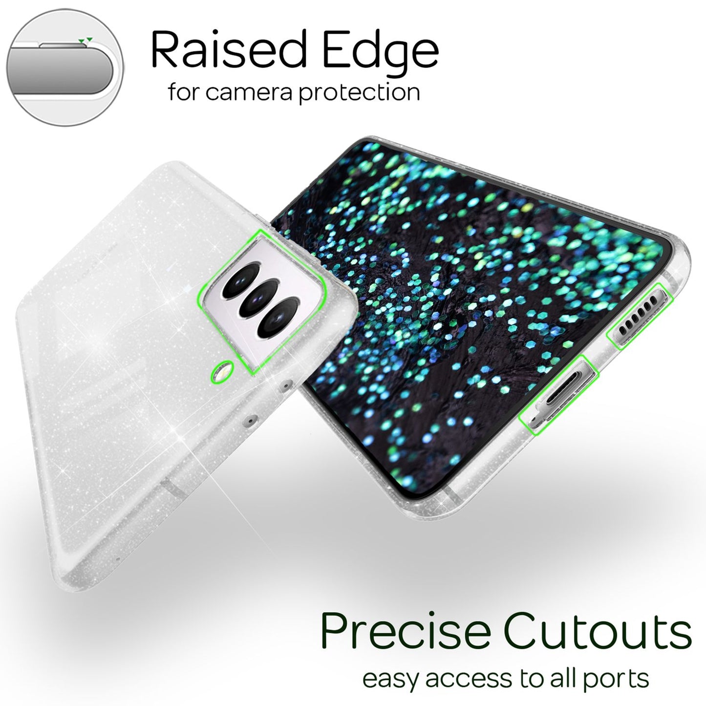 NALIA Glært glitrandi hulstur fyrir Samsung Galaxy S22, gegnsætt, gulnar ekki