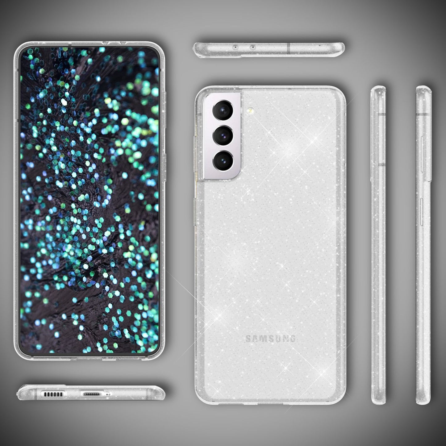 NALIA Glært glitrandi hulstur fyrir Samsung Galaxy S22, gegnsætt, gulnar ekki