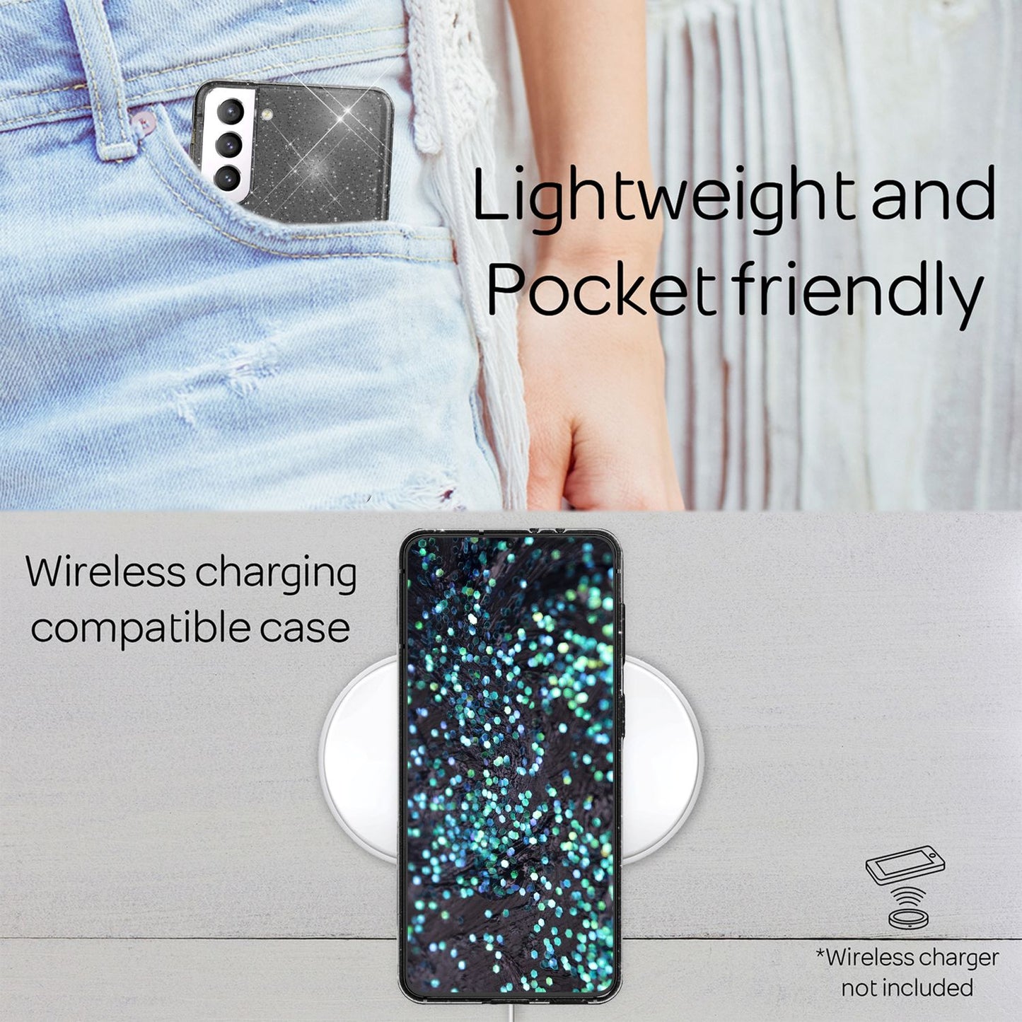 NALIA Glært glitrandi hulstur fyrir Samsung Galaxy S22 Plus, gegnsætt