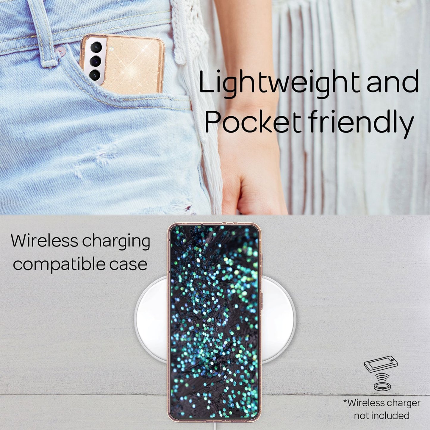 NALIA Glært glitrandi hulstur fyrir Samsung Galaxy S22 Plus, gegnsætt