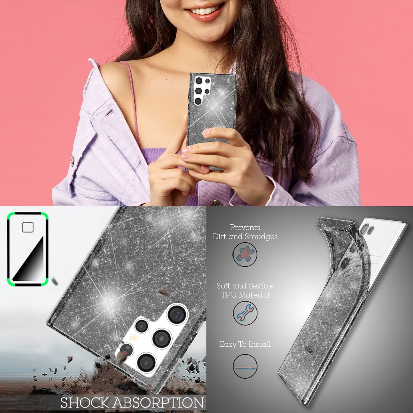 NALIA Klare Glitzerhülle für Samsung Galaxy S22 Ultra, Durchsichtig